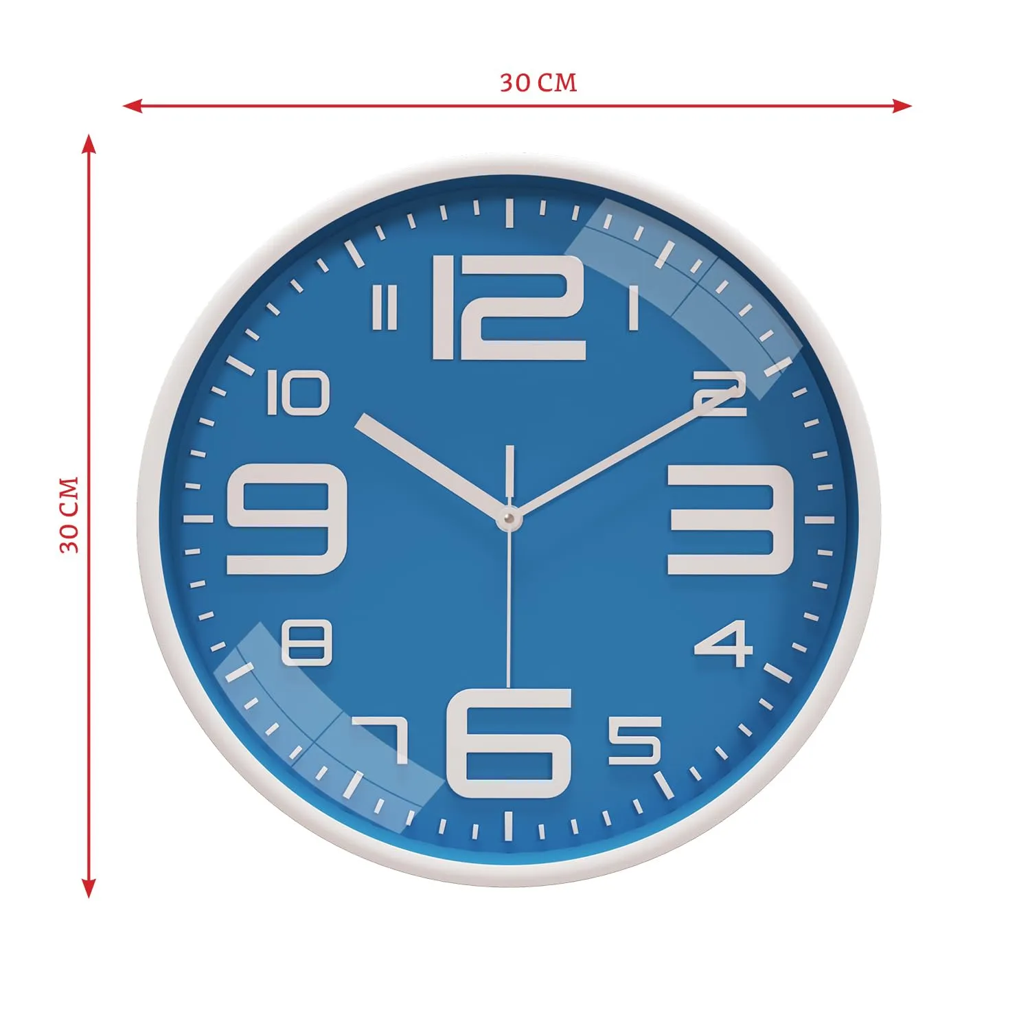 Amazon Brand - Solimo Plastic Analog Wall Clock, Quartz Movement, Silent Sweep, Bold Numeric Time Indicator, Decorative (30 Cm X 30 Cm, Sea Blue)