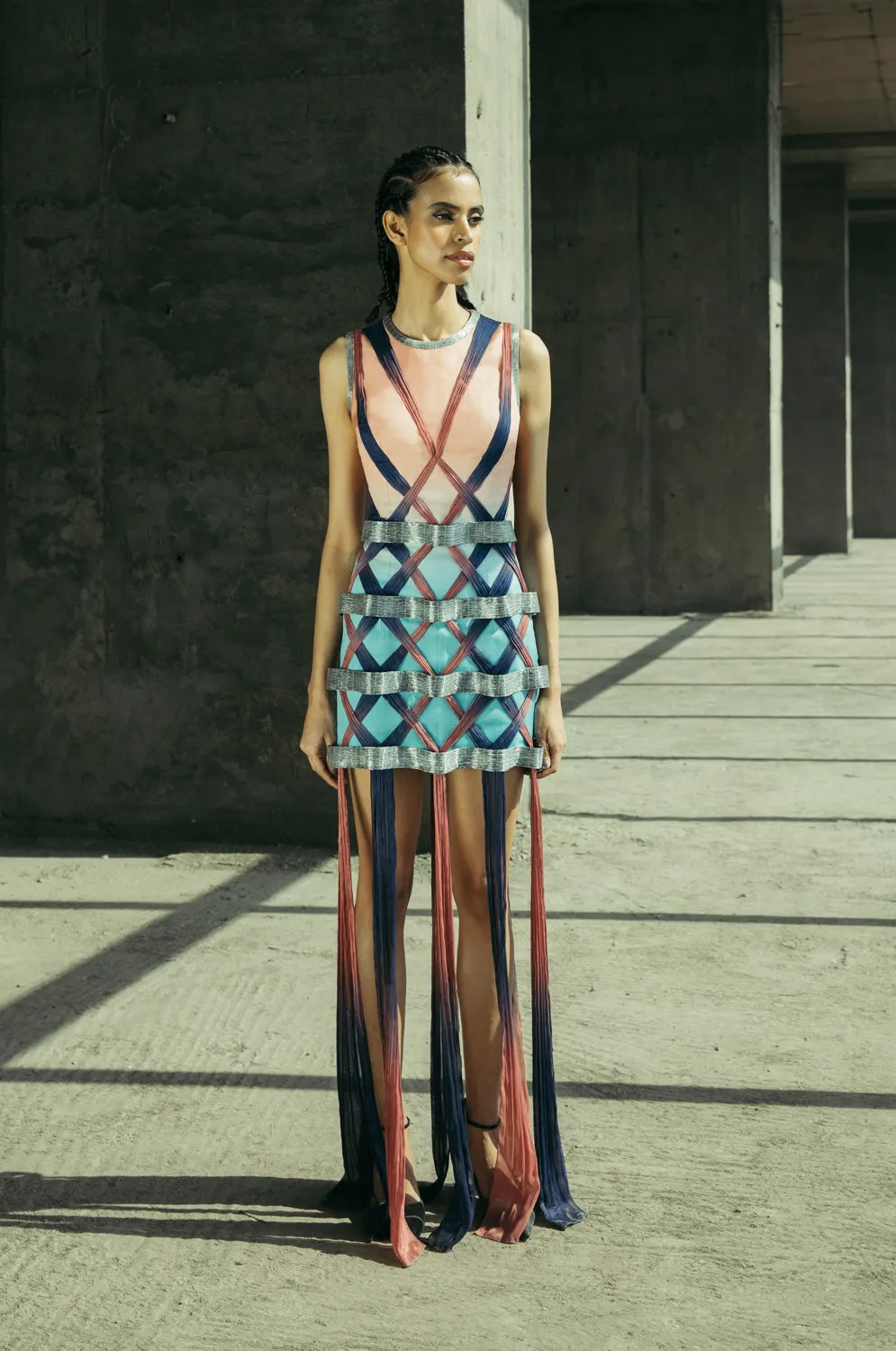Angular Silk Organza & Chiffon Applique Dress