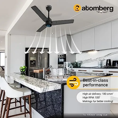 atomberg Renesa 900mm BLDC Motor 5 Star Rated Sleek Ceiling Fans with Remote Control | Upto 65% Energy Saving, High Air Delivery and LED Indicators | 2 1 Year Warranty (Midnight Black)