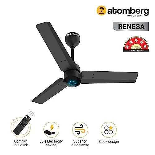atomberg Renesa 900mm BLDC Motor 5 Star Rated Sleek Ceiling Fans with Remote Control | Upto 65% Energy Saving, High Air Delivery and LED Indicators | 2 1 Year Warranty (Midnight Black)