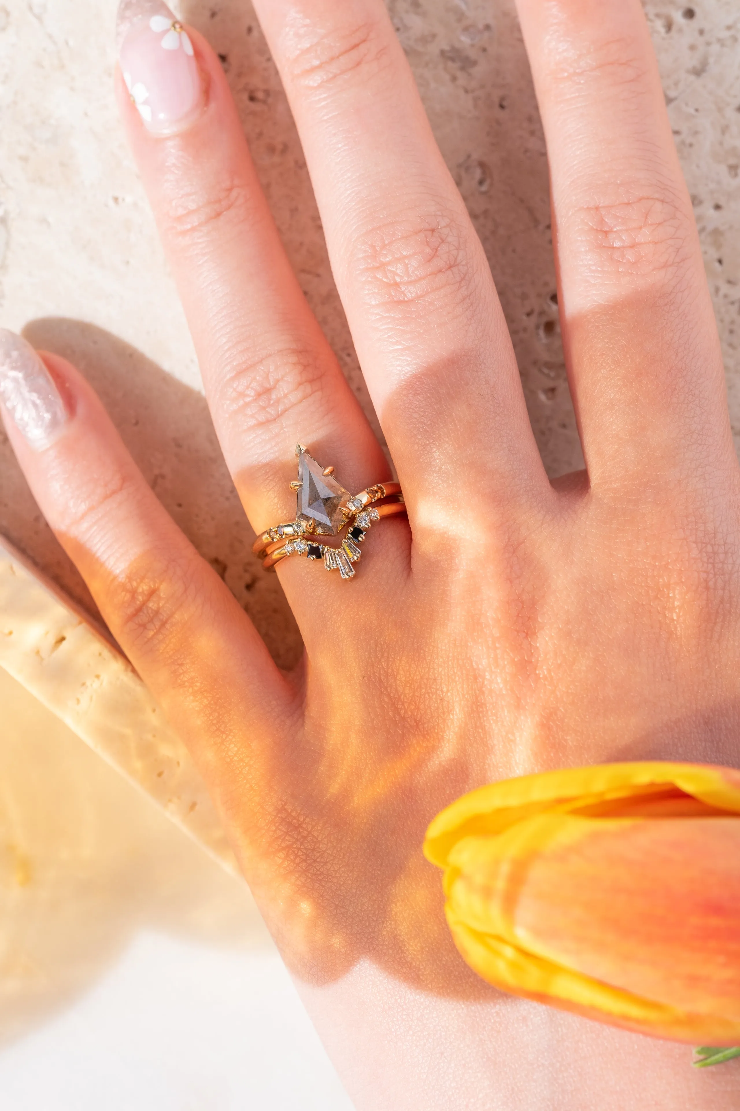 Baguette Diamond V Wedding Band, Small Ombre Wren Setting, 14K Yellow Gold