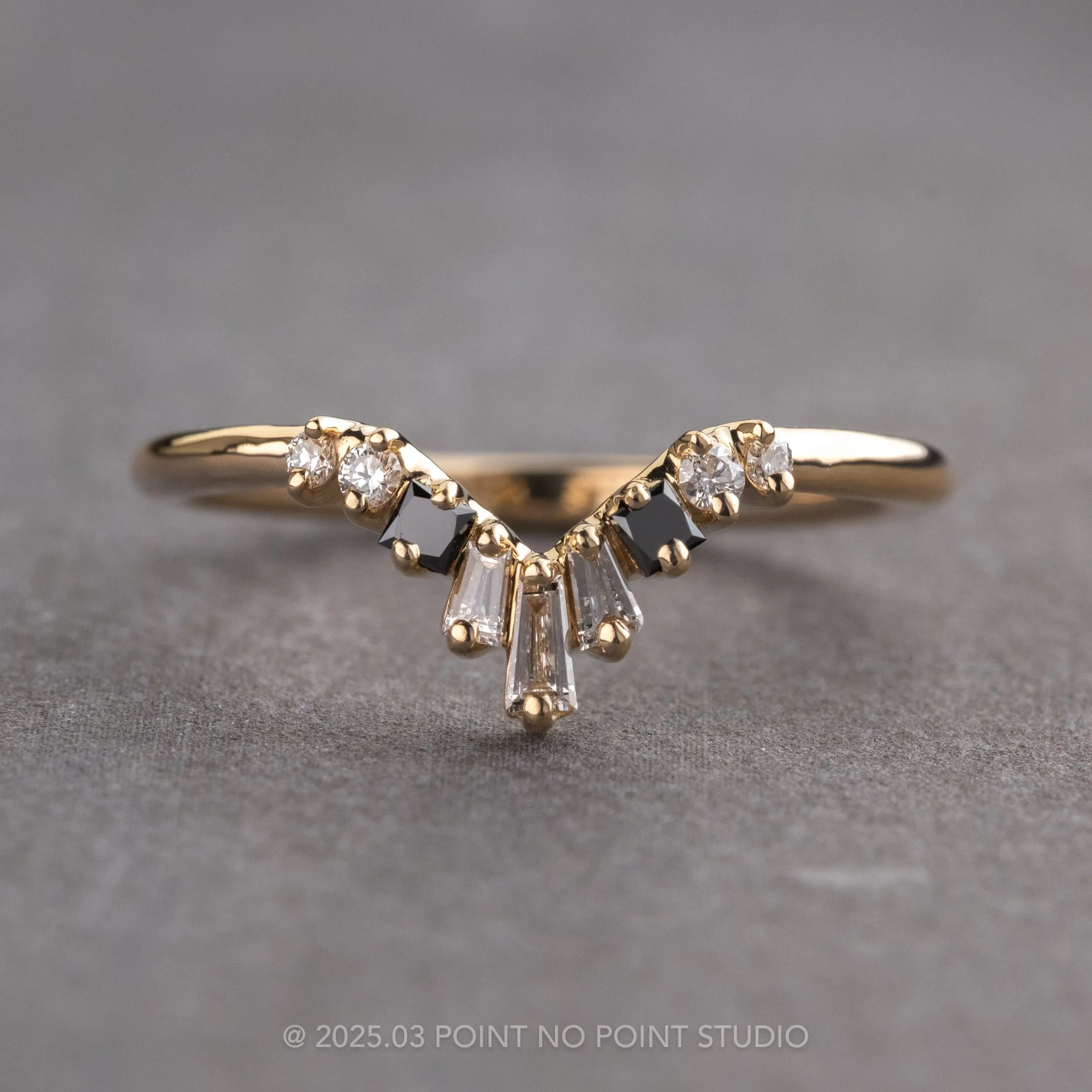 Baguette Diamond V Wedding Band, Small Ombre Wren Setting, 14K Yellow Gold