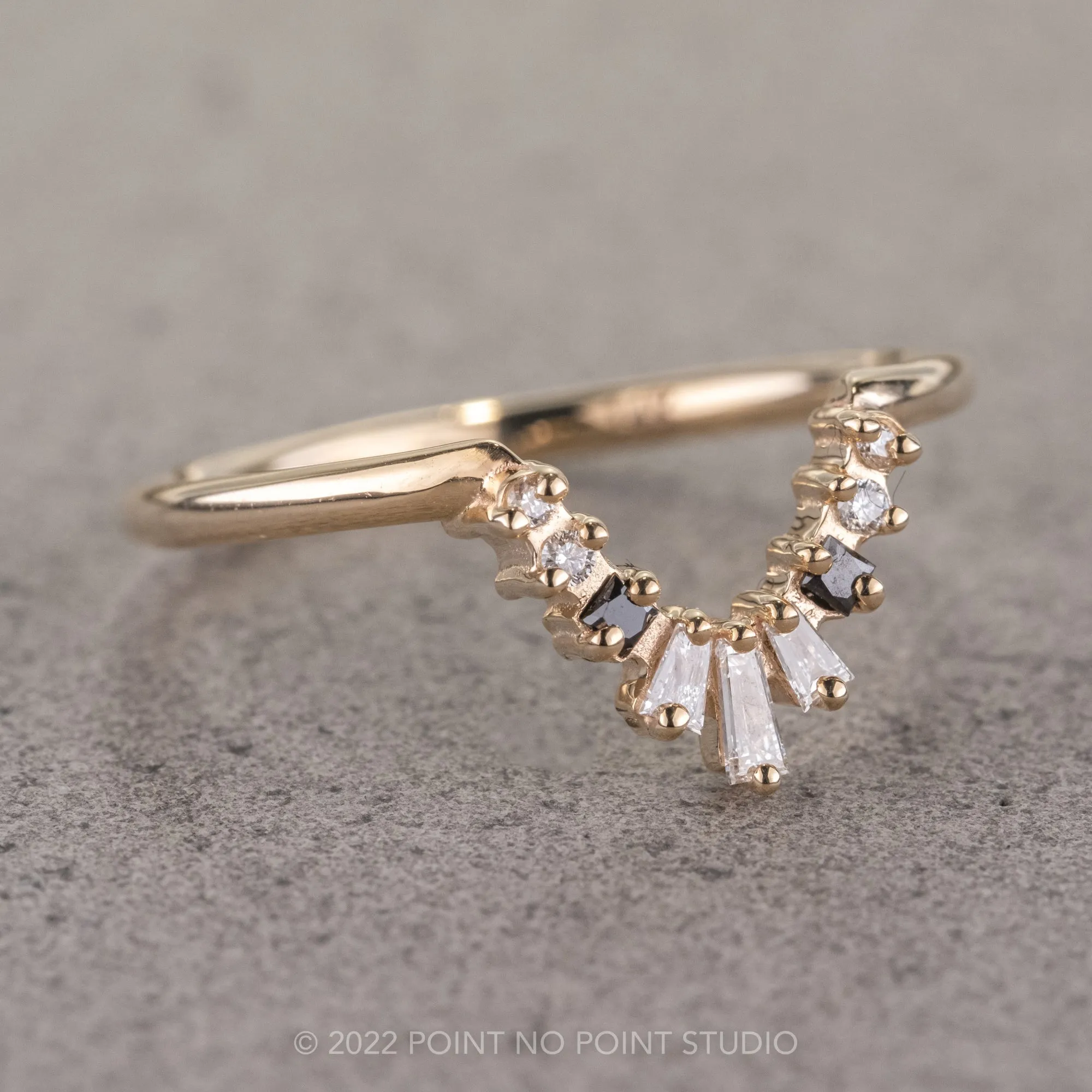 Baguette Diamond Wedding Band, Small Ombre Wren Setting, 14K Yellow Gold