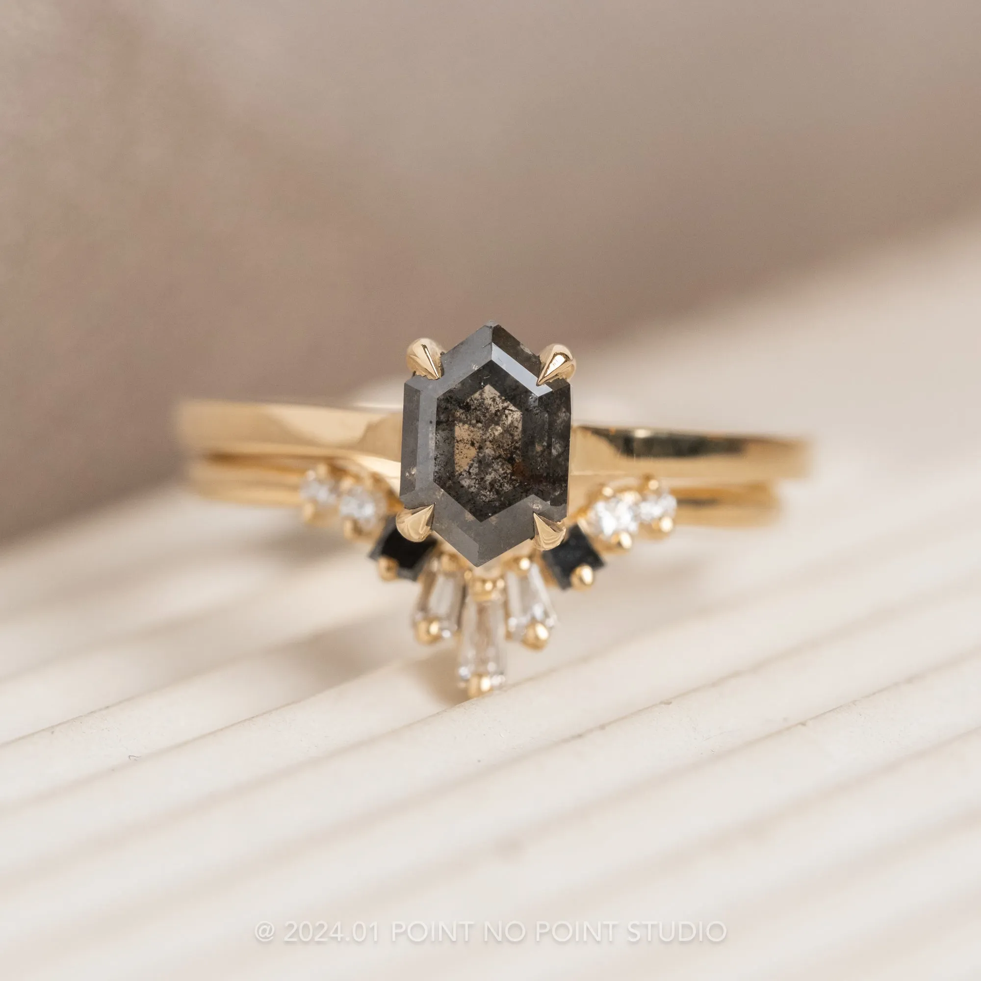 Baguette Diamond Wedding Band, Small Ombre Wren Setting, 14K Yellow Gold