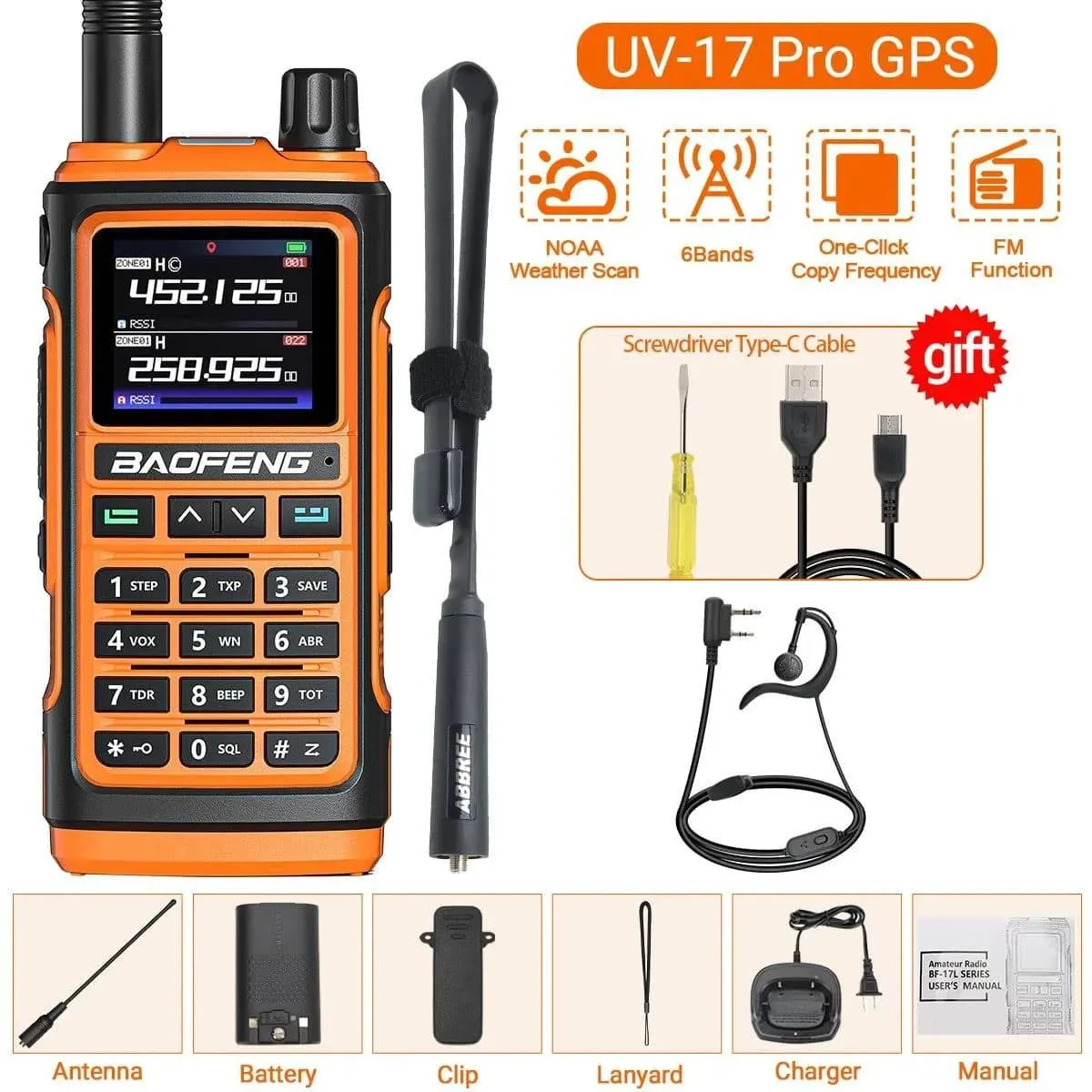 Baofeng UV-17 PRO GPS Air Band Walkie Talkie Wireless Copy Frequency NOAA DTMF Type-C for UV-5R K5 21 pro Ham Two Way Radio
