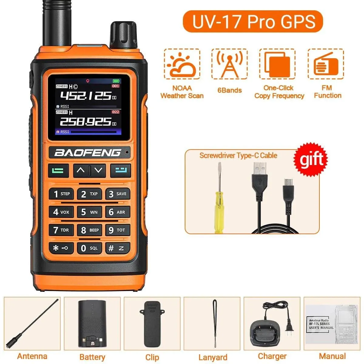 Baofeng UV-17 PRO GPS Air Band Walkie Talkie Wireless Copy Frequency NOAA DTMF Type-C for UV-5R K5 21 pro Ham Two Way Radio