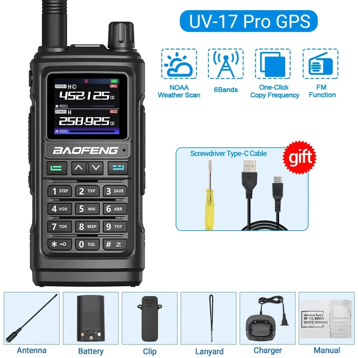 Baofeng UV-17 PRO GPS Air Band Walkie Talkie Wireless Copy Frequency NOAA DTMF Type-C for UV-5R K5 21 pro Ham Two Way Radio