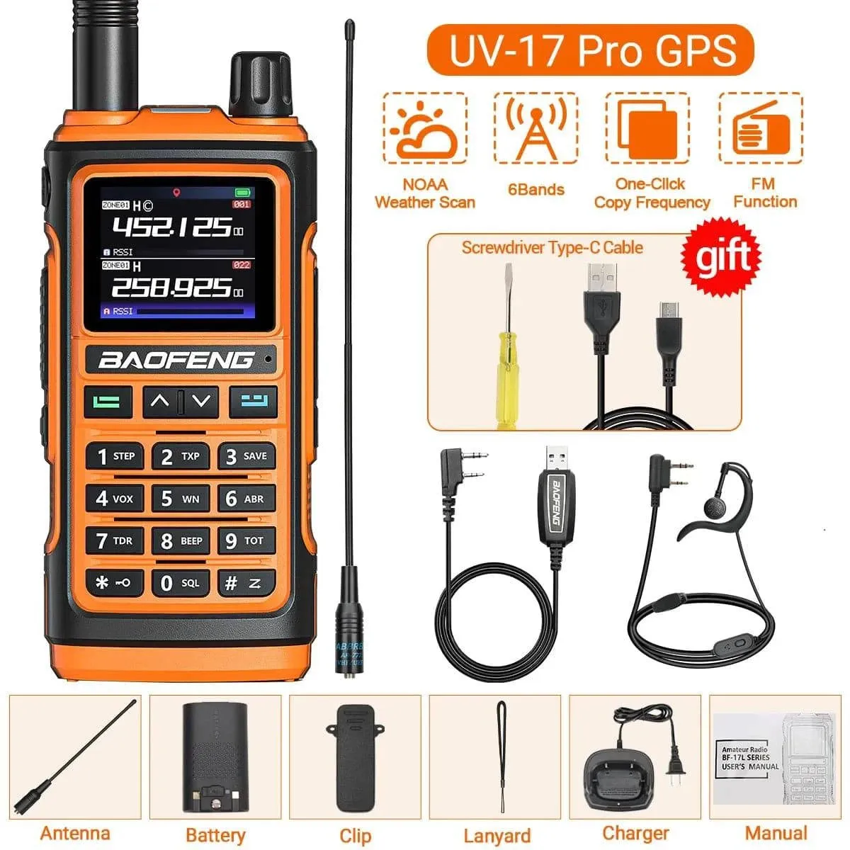 Baofeng UV-17 PRO GPS Air Band Walkie Talkie Wireless Copy Frequency NOAA DTMF Type-C for UV-5R K5 21 pro Ham Two Way Radio