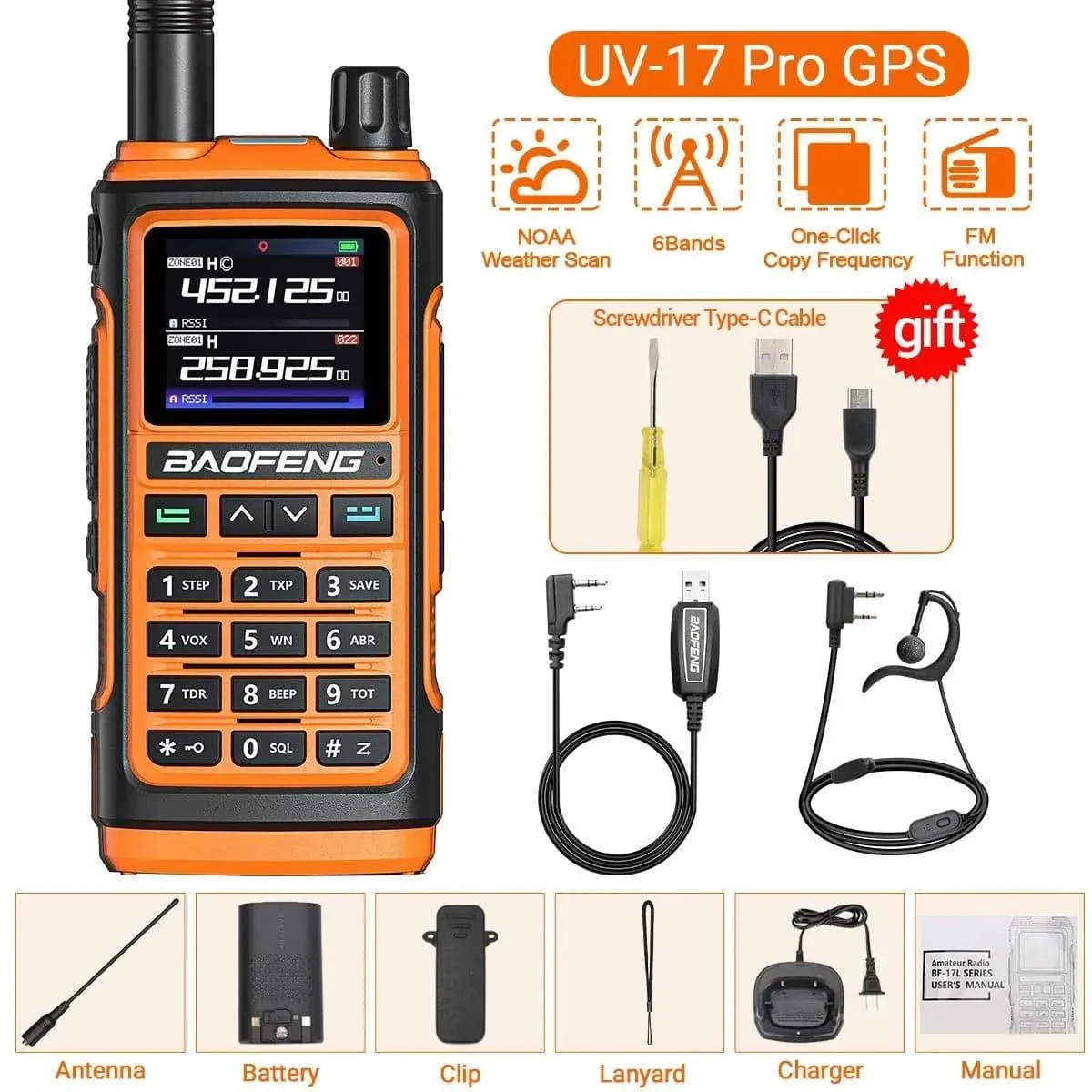 Baofeng UV-17 PRO GPS Air Band Walkie Talkie Wireless Copy Frequency NOAA DTMF Type-C for UV-5R K5 21 pro Ham Two Way Radio