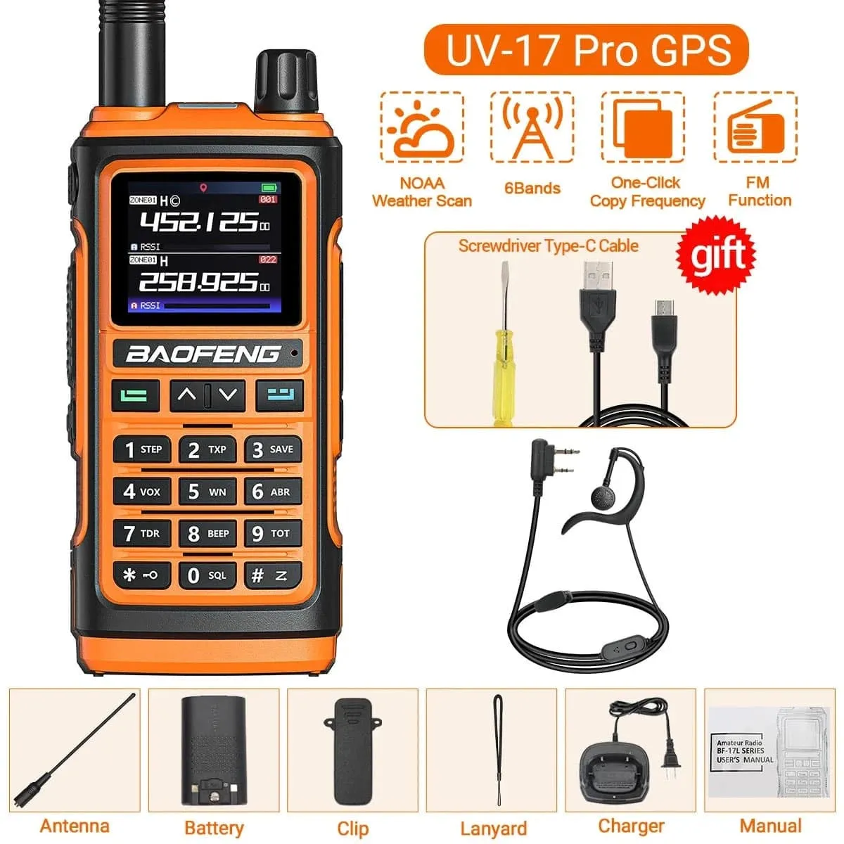 Baofeng UV-17 PRO GPS Air Band Walkie Talkie Wireless Copy Frequency NOAA DTMF Type-C for UV-5R K5 21 pro Ham Two Way Radio
