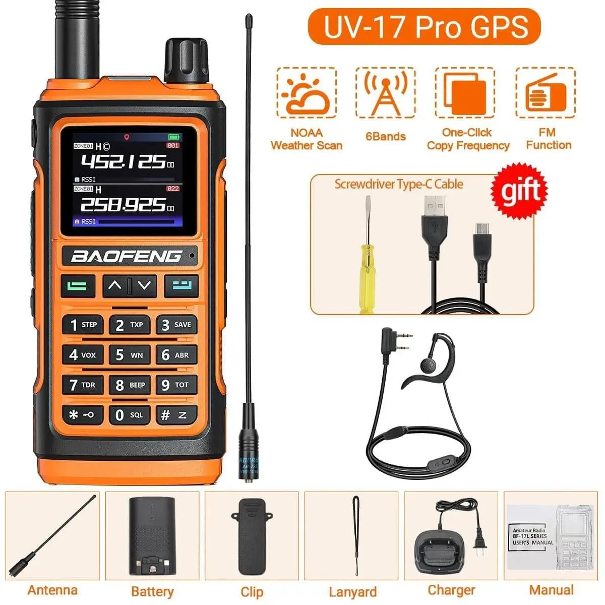 Baofeng UV-17 PRO GPS Air Band Walkie Talkie Wireless Copy Frequency NOAA DTMF Type-C for UV-5R K5 21 pro Ham Two Way Radio