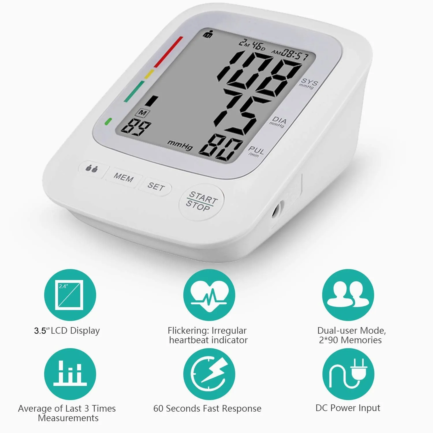 Blood Pressure Monitor Cuffs for Home Use, Upper Arm Digital BP Monitor with Large Cuff 8.66-16.5", 2 Users 180 Memory with Date & Time, Irregular Heart Rate Indication, with DC Adapter