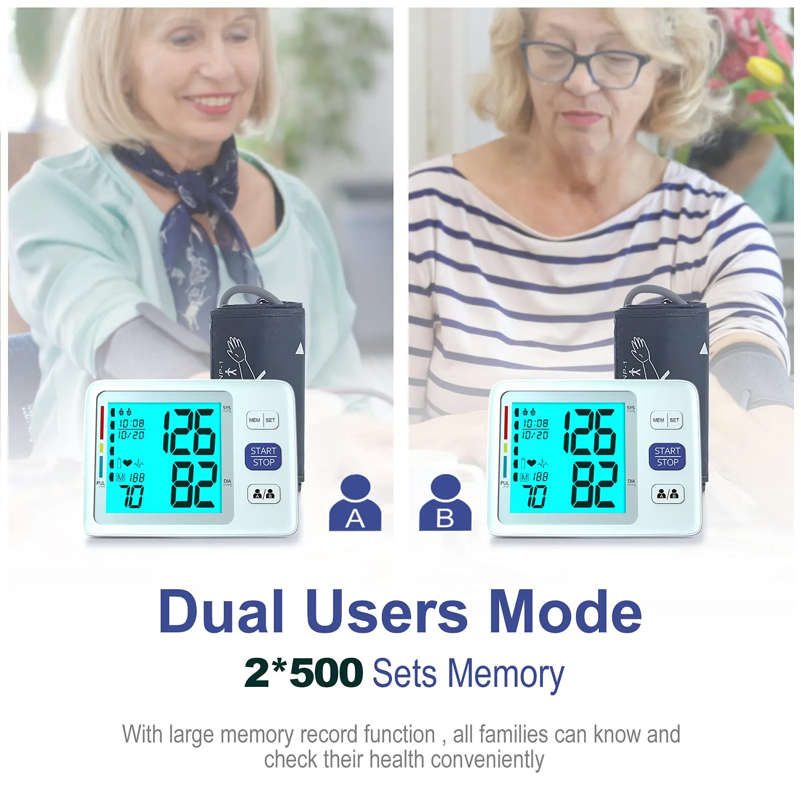 Blood Pressure Monitor Upper Arm Automatic Digital BP Monitor Adjustable Large Cuff Backlit Display 2x500 Memory Includes Batteries Monitoring Meter for Home Use 2 White