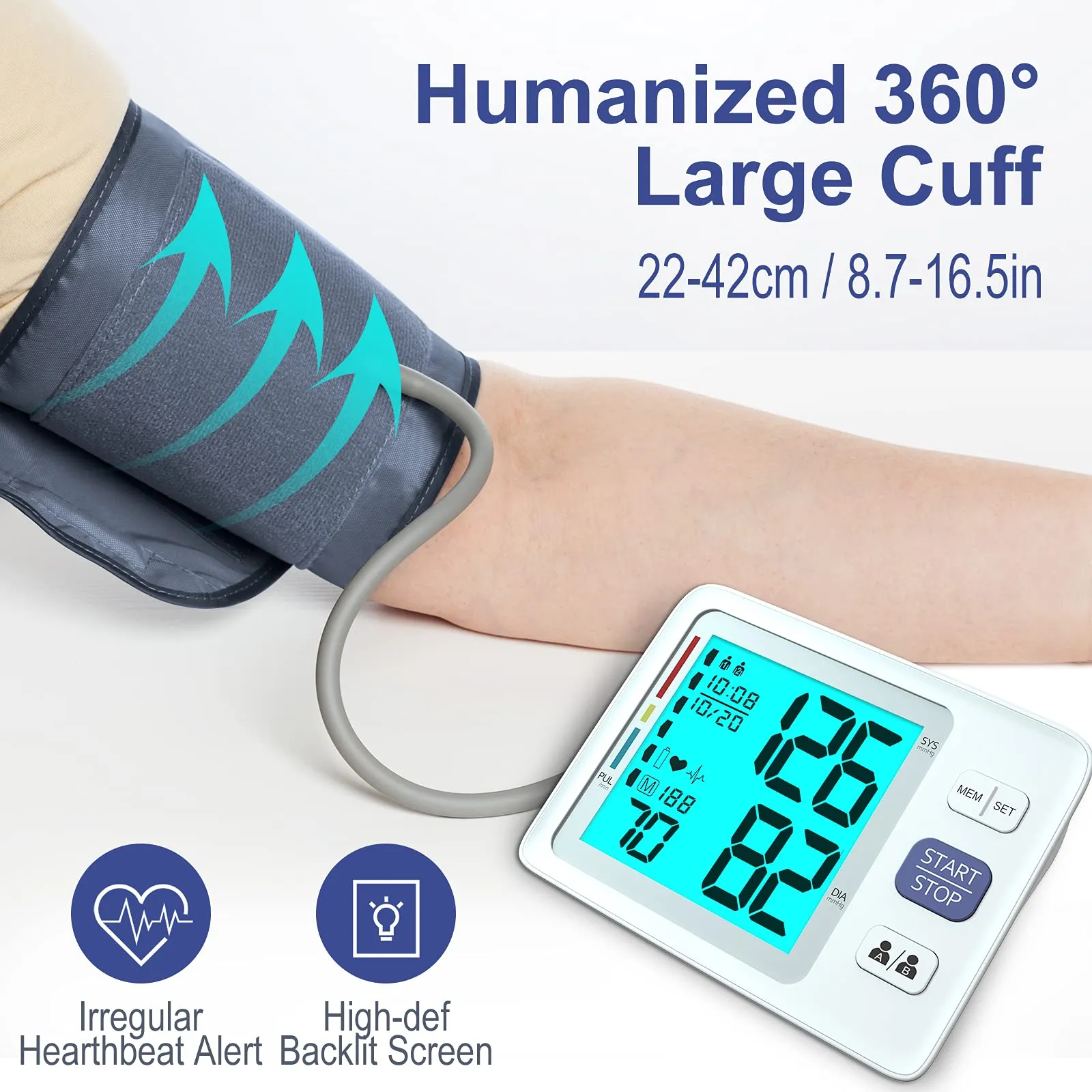 Blood Pressure Monitor Upper Arm Automatic Digital BP Monitor Adjustable Large Cuff Backlit Display 2x500 Memory Includes Batteries Monitoring Meter for Home Use 2 White