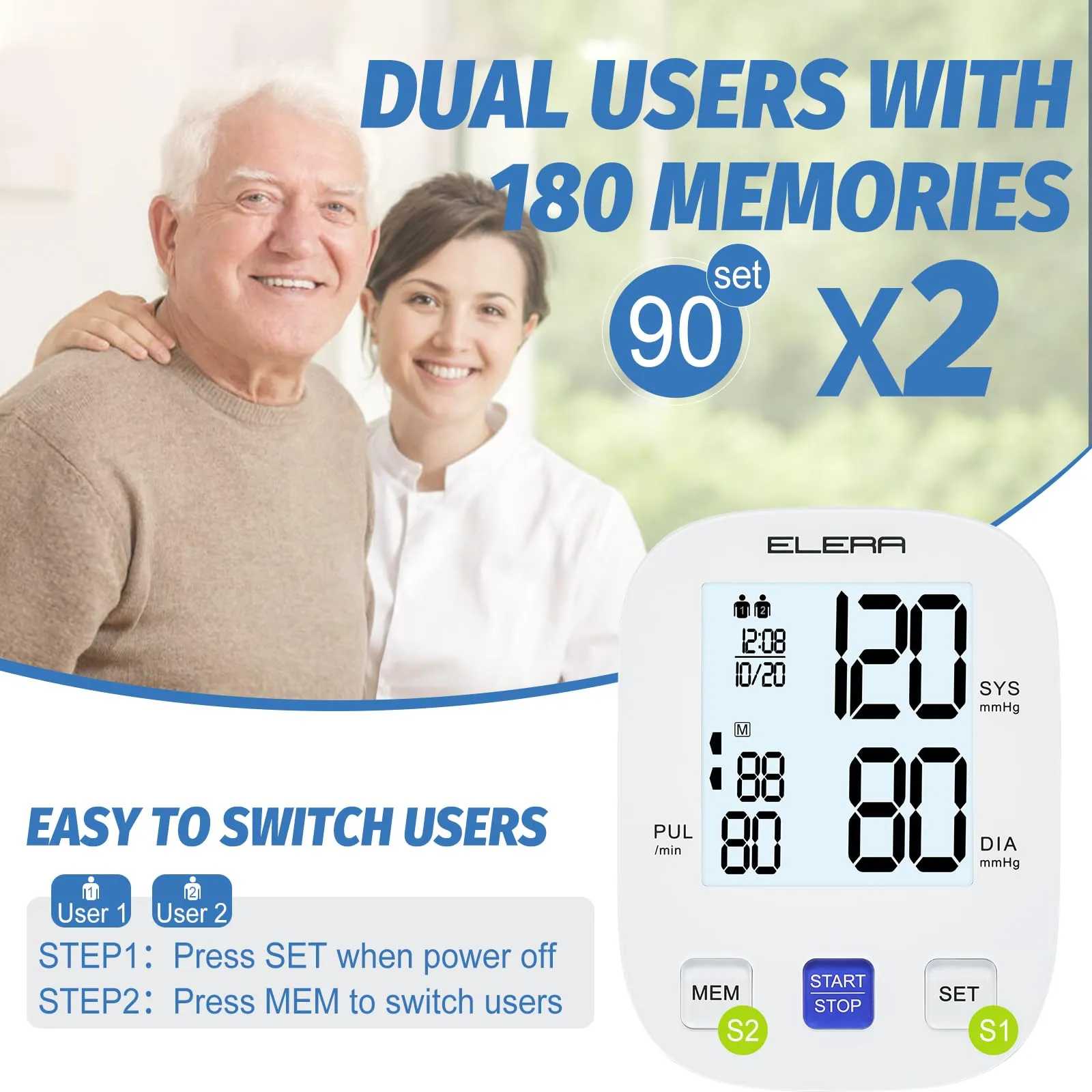 Blood Pressure Monitor with 2 Cuff, Elera Digital Automatic Upper Arm Blood Pressure Machine with 32-52cm Extra Large Cuff and 22-36cm Standard Cuff No voice
