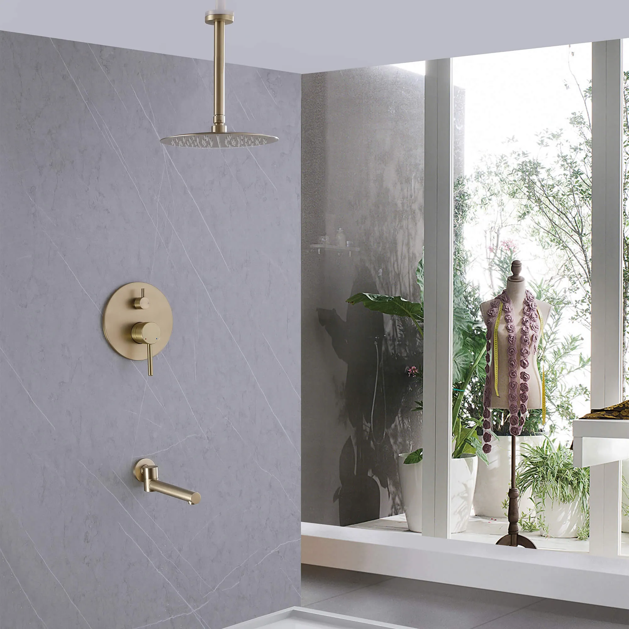 Brushed Gold Brass Shower System Complete Set with Tub Spout JK0053