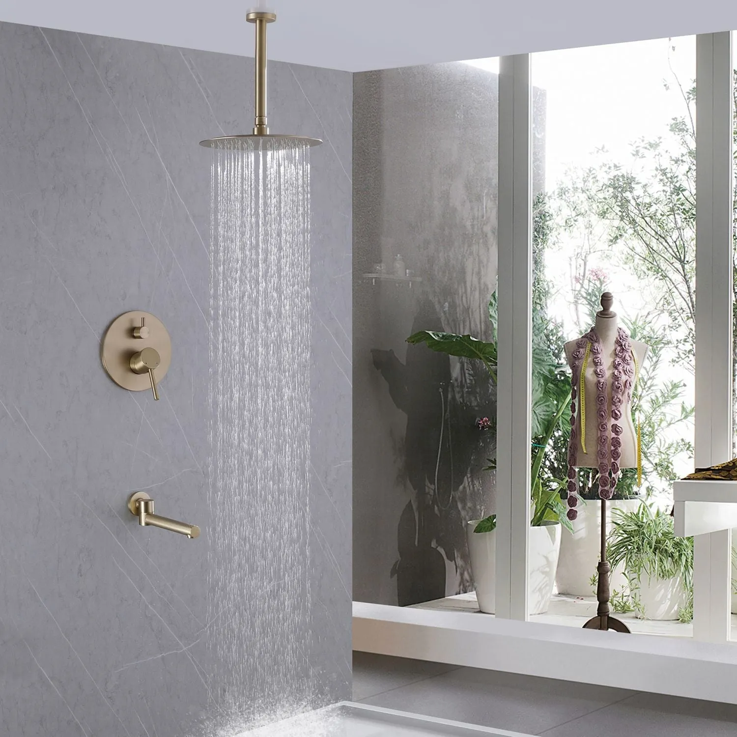 Brushed Gold Brass Shower System Complete Set with Tub Spout JK0053