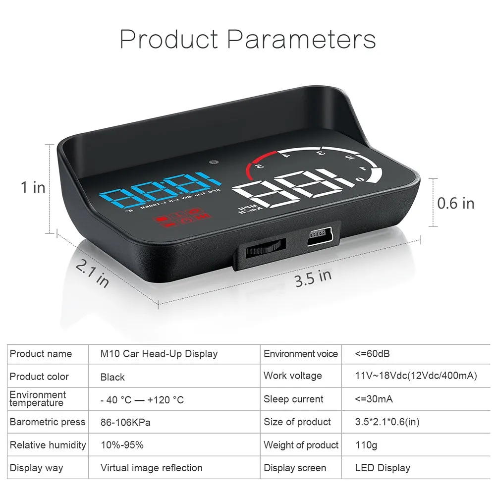 Car Hud Head-up Display M10 HD Windshield Projector Obd Overspeed