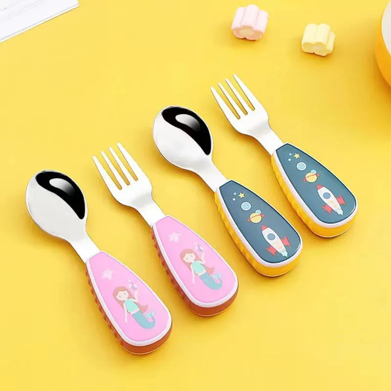 Cartoon pattern (lion/rocket/dinosaur) 2-piece set of forks and