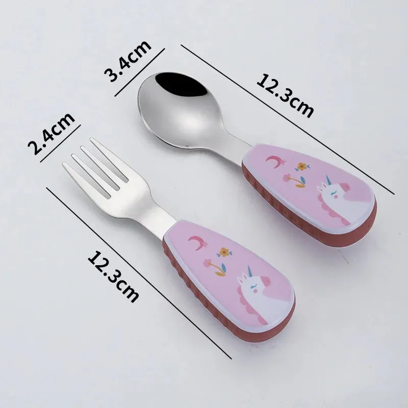 Cartoon pattern (lion/rocket/dinosaur) 2-piece set of forks and