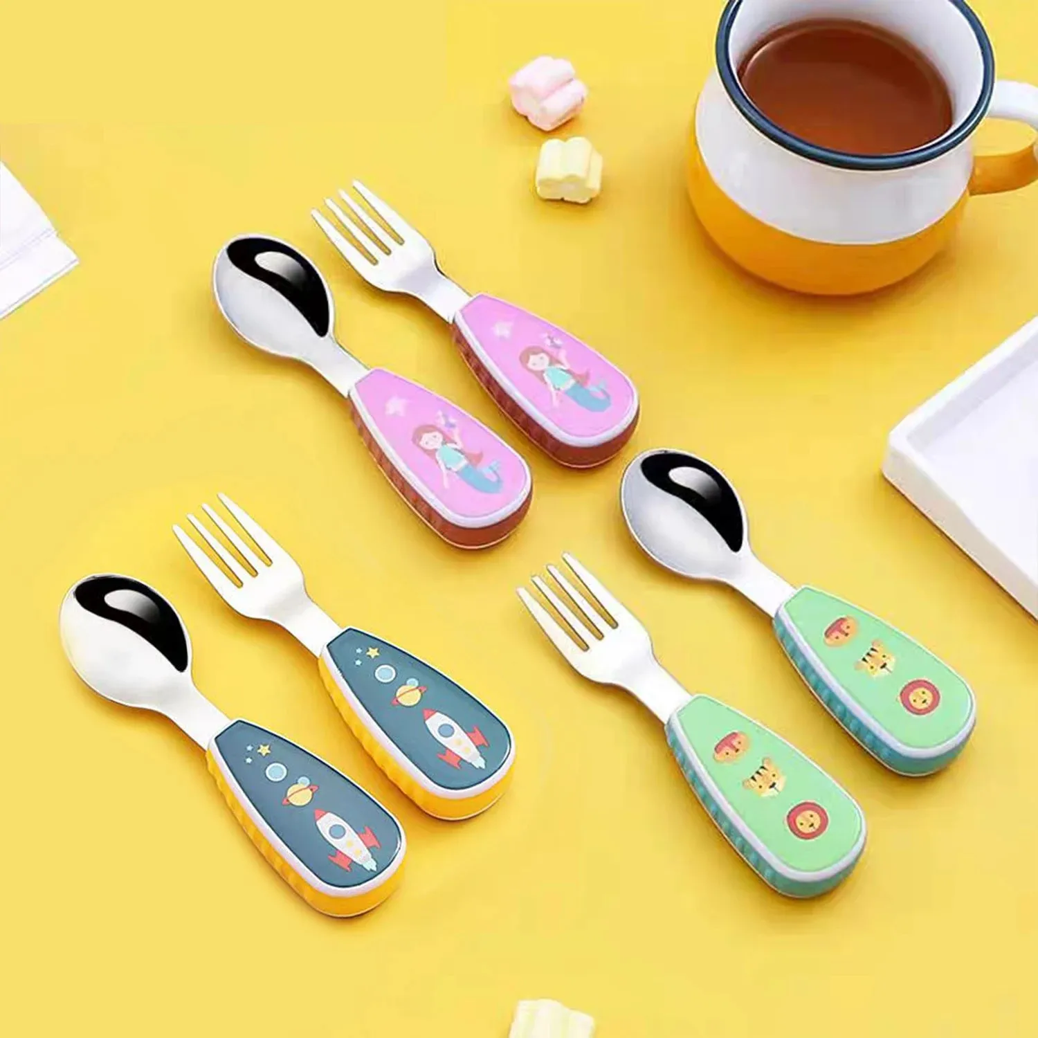 Cartoon pattern (lion/rocket/dinosaur) 2-piece set of forks and