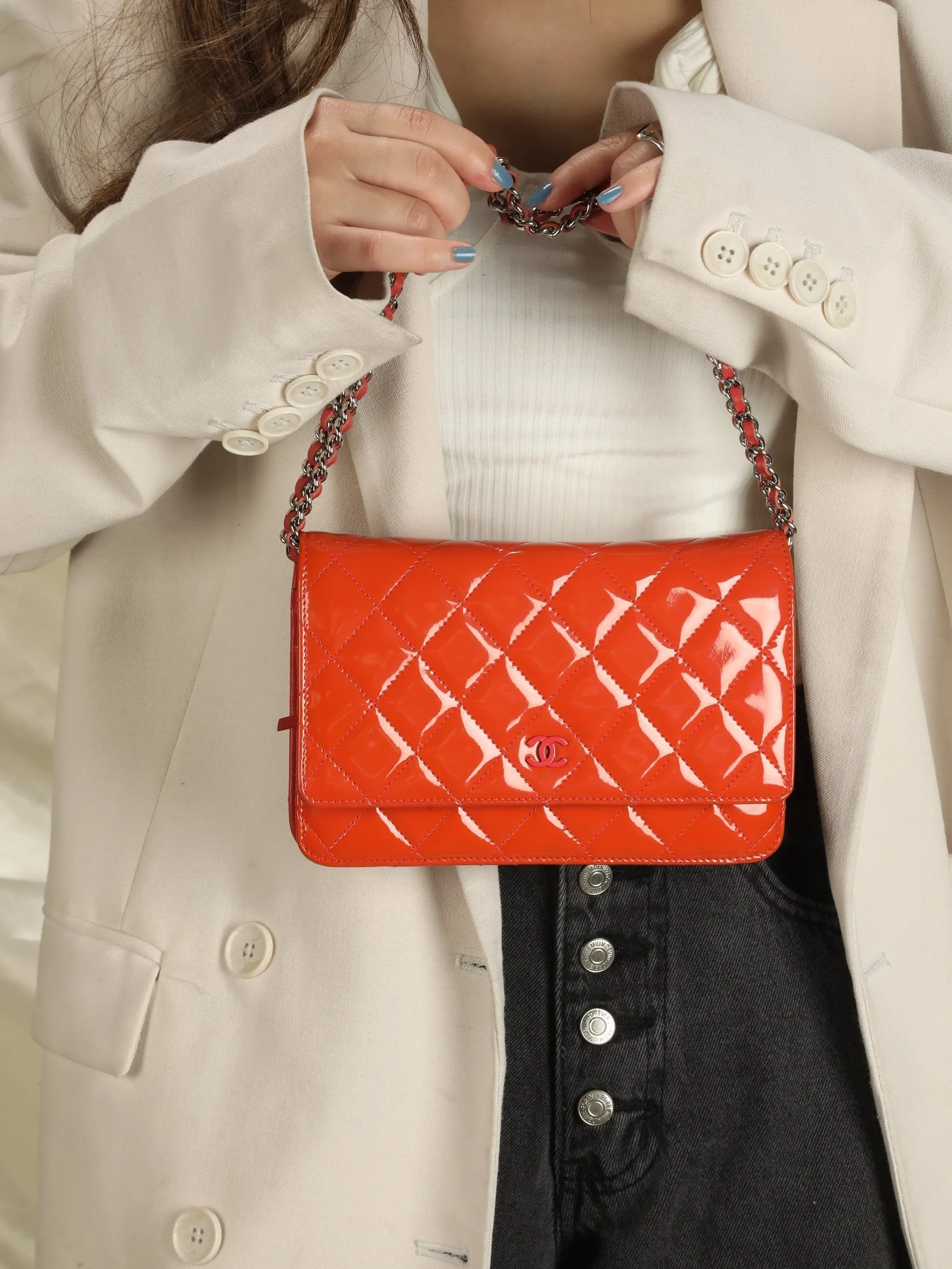 Chanel Tangerine Patent Wallet on Chain