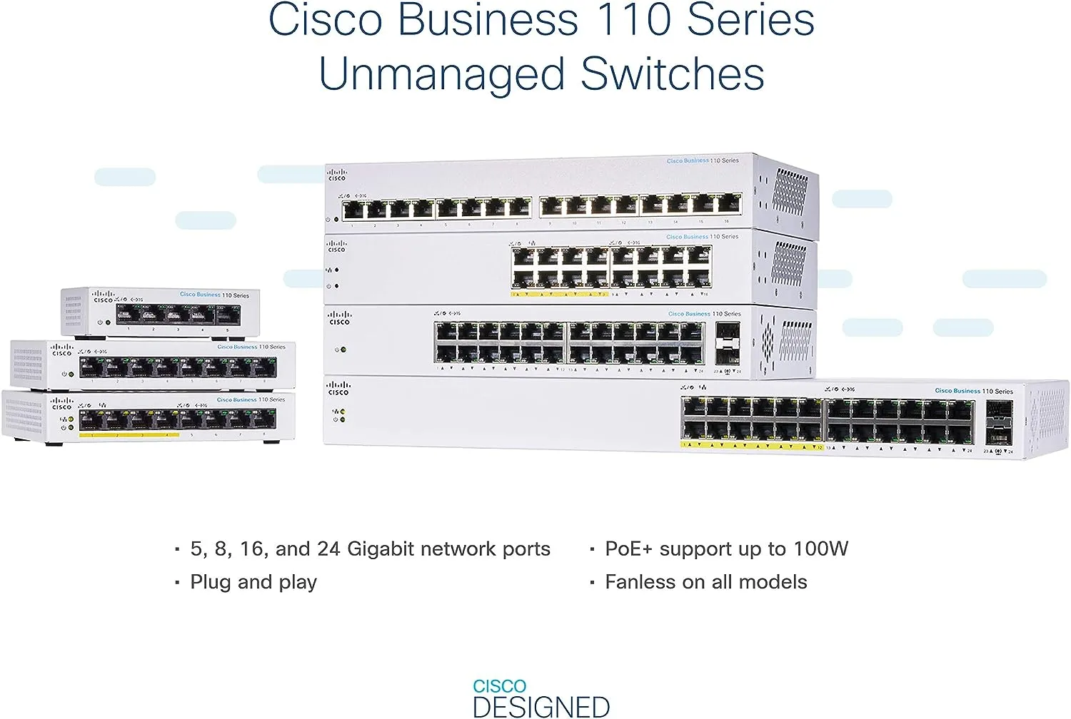 Cisco Business CBS110 24-Port Gigabit (12-Port with PoE, total 100W)   2-Port Gigabit SFP Uplink (with Network Interface Combo) Unmanaged Switch (CBS110-24PP-UK / NE-11024PP)