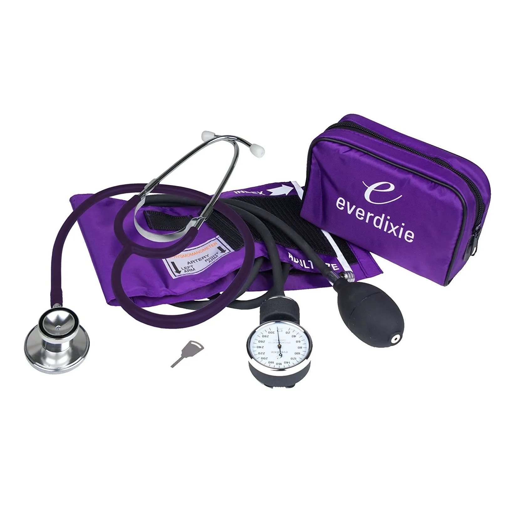Dixie EMS Aneroid Sphygmomanometer and Dual Head Stethoscope Set with Adult Size Blood Pressure Cuff, Calibration Key and Carrying Case