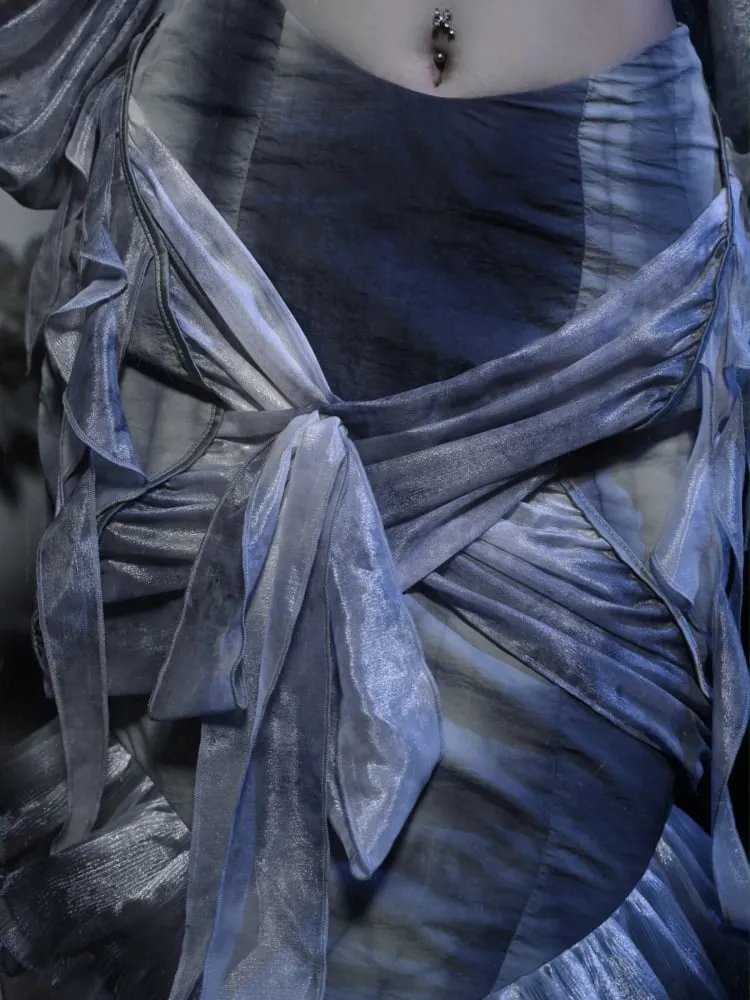 Dusty Blue Ruffle Flounce Knees Corpse Bride Goth Mermaid Skirt