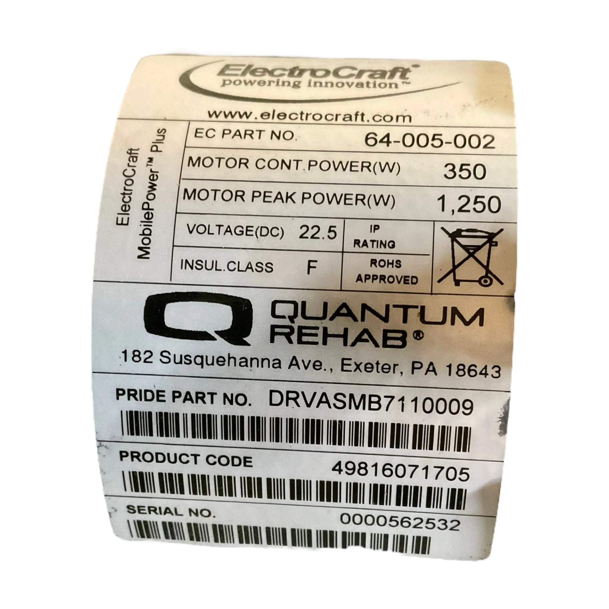 Electrocraft Motors for Pride Mobility Quantum Q6 Edge HD, Jazzy 1450, Quantum 1450 Power Wheelchairs | DRVASMB7110009 | DRVASMB7110010