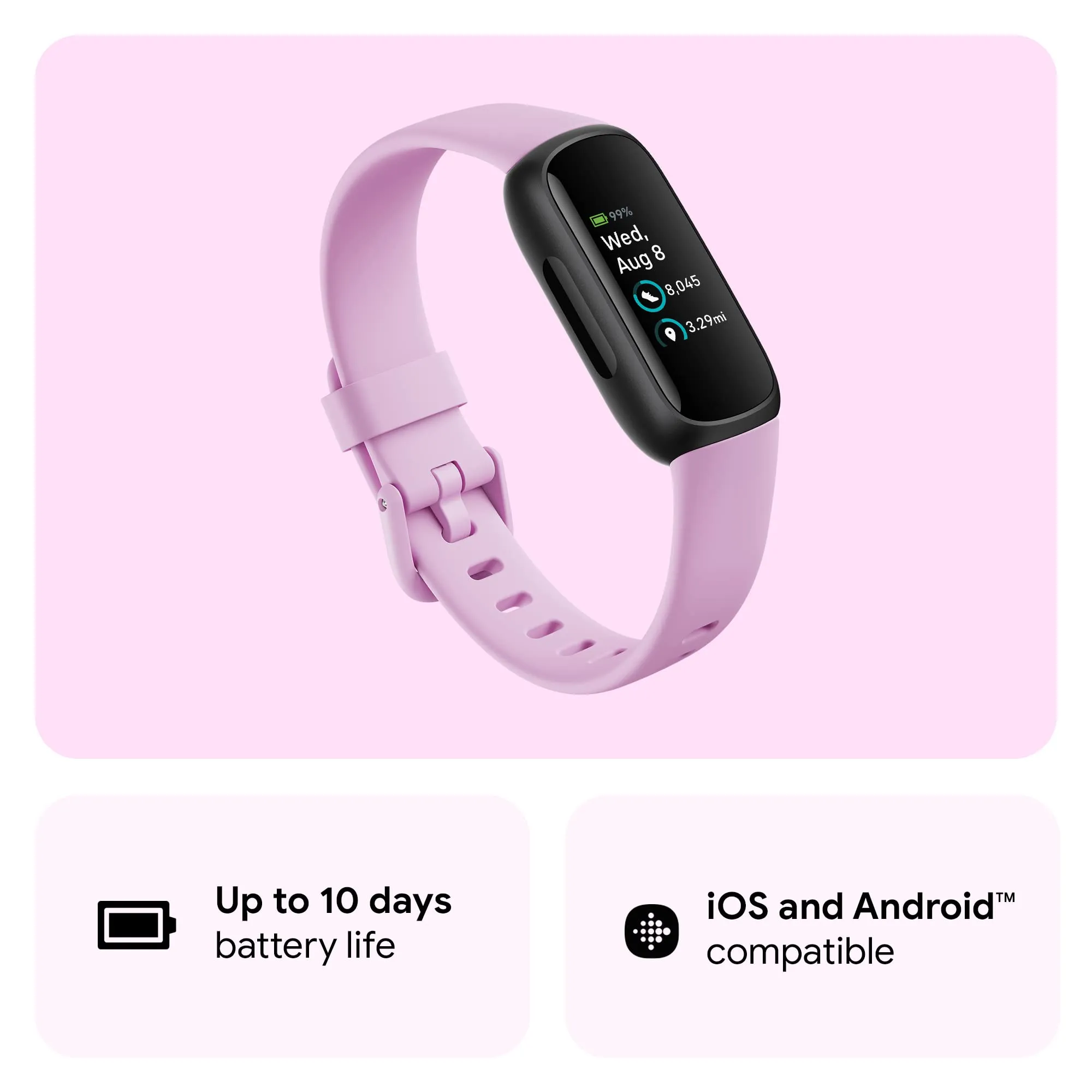 Fitbit Inspire 3 Health &-Fitness-Tracker with Stress Management, Workout Intensity, Sleep Tracking, 24/7 Heart Rate and more, Lilac Bliss/Black, One Size (S & L Bands Included)