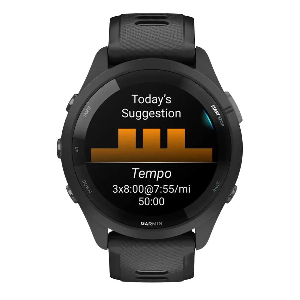 Garmin Forerunner 265 Black and Powder Gray Silicone Band AMOLED Display Training Metrics and Recovery Insights Running Smartwatch - 010-02810-00