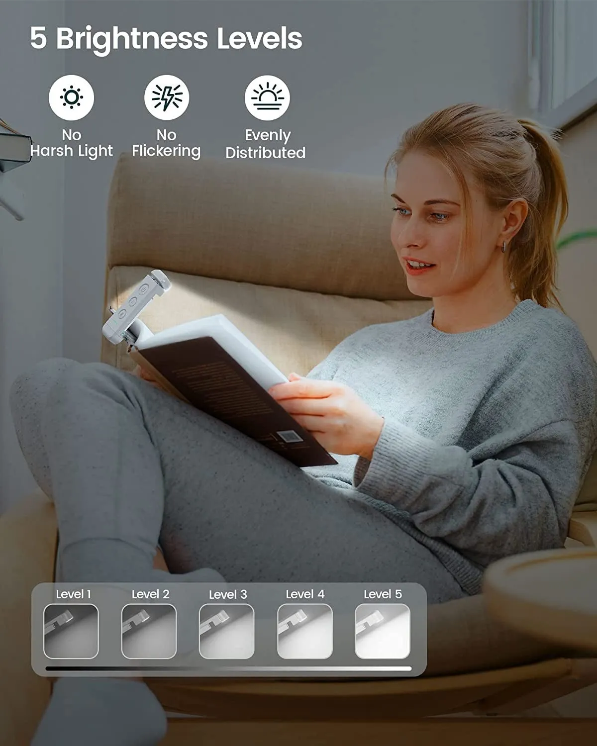 Glocusent USB Rechargeable Book Light for Reading in Bed, Portable Clip-On LED Reading Light, 3 Amber Colors & 5 Brightness Dimmable, Compact & Long Lasting, Perfect for Book Lovers, Kids…