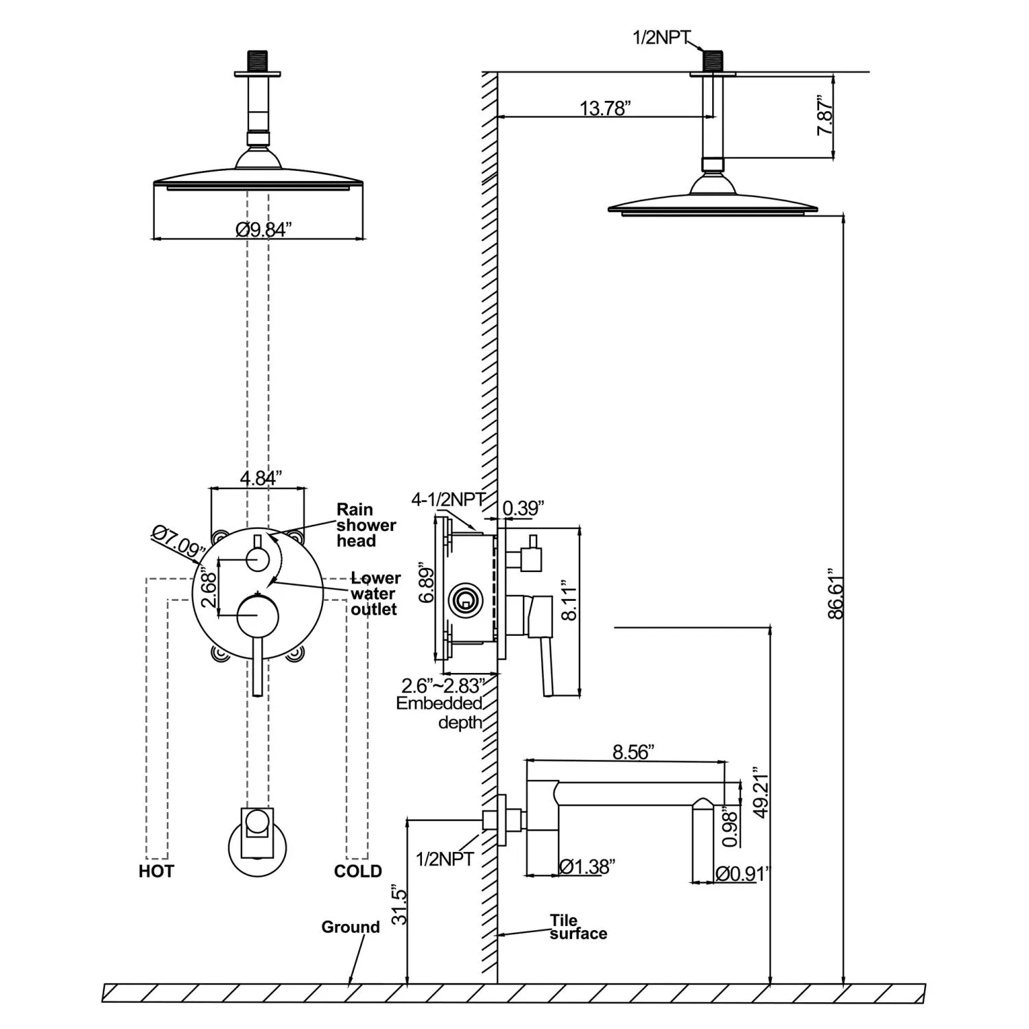 High-Pressure Bathtub Shower Faucet Set With Tub Spout 10 Inch Shower Head JK0054