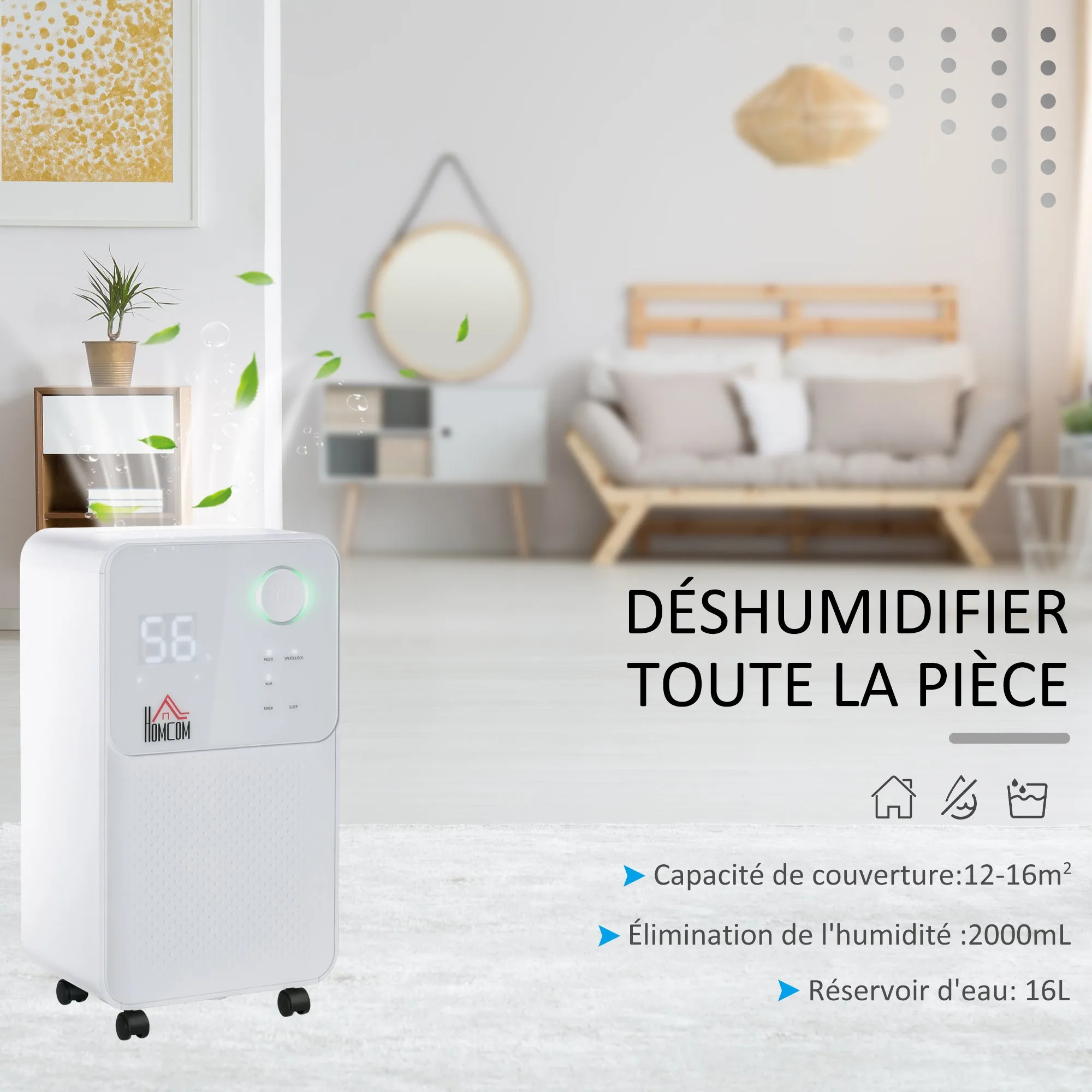 HOMCOM 12L/Day 2000ML Portable Quiet Dehumidifier for Home Laundry Room Bedroom Basement, Electric Moisture Air De-Humidifier with 4 Modes