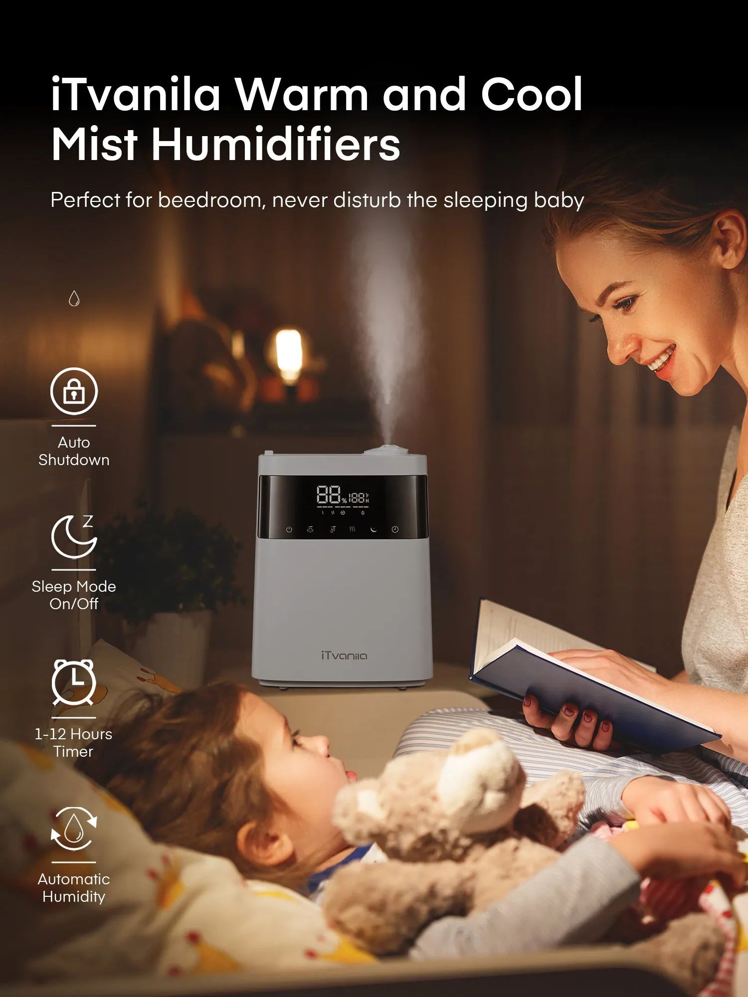 Humidifiers, 5.5L Top Fill Cool and Warm Mist Humidifier Essential Oil Built-in Humidity Sensor, with Timer, Last up to 55 Hours for Baby Room and Office (White)