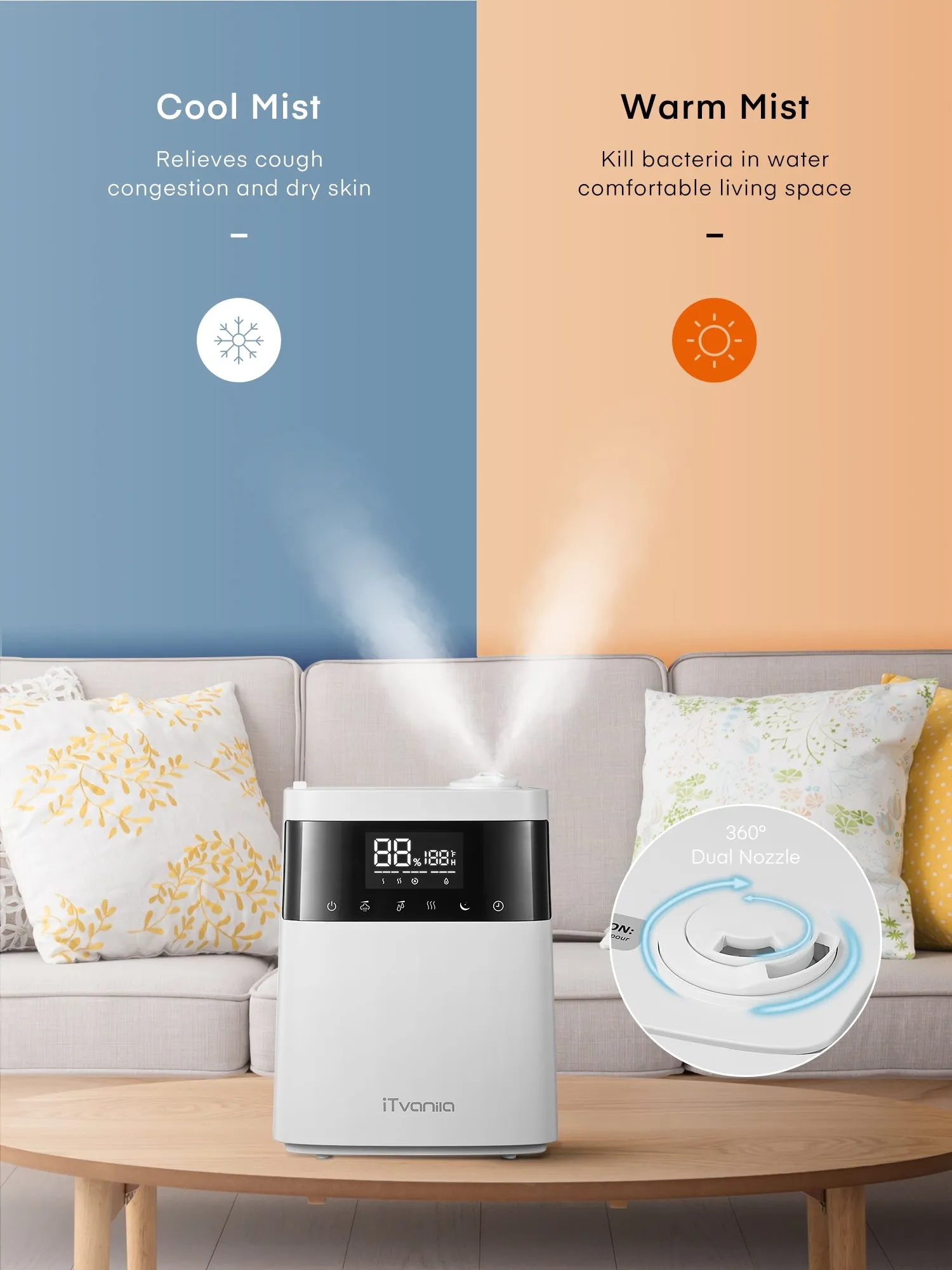 Humidifiers, 5.5L Top Fill Cool and Warm Mist Humidifier Essential Oil Built-in Humidity Sensor, with Timer, Last up to 55 Hours for Baby Room and Office (White)