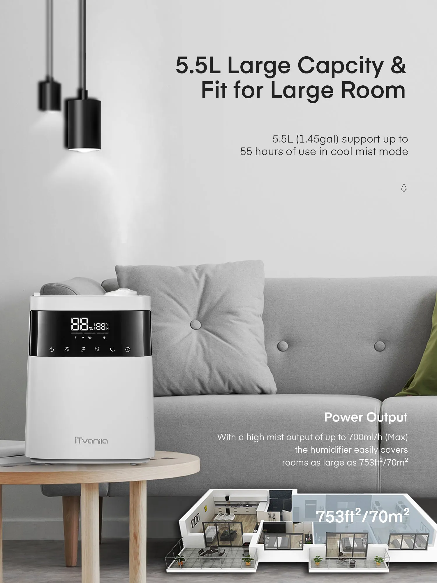 Humidifiers, 5.5L Top Fill Cool and Warm Mist Humidifier Essential Oil Built-in Humidity Sensor, with Timer, Last up to 55 Hours for Baby Room and Office (White)