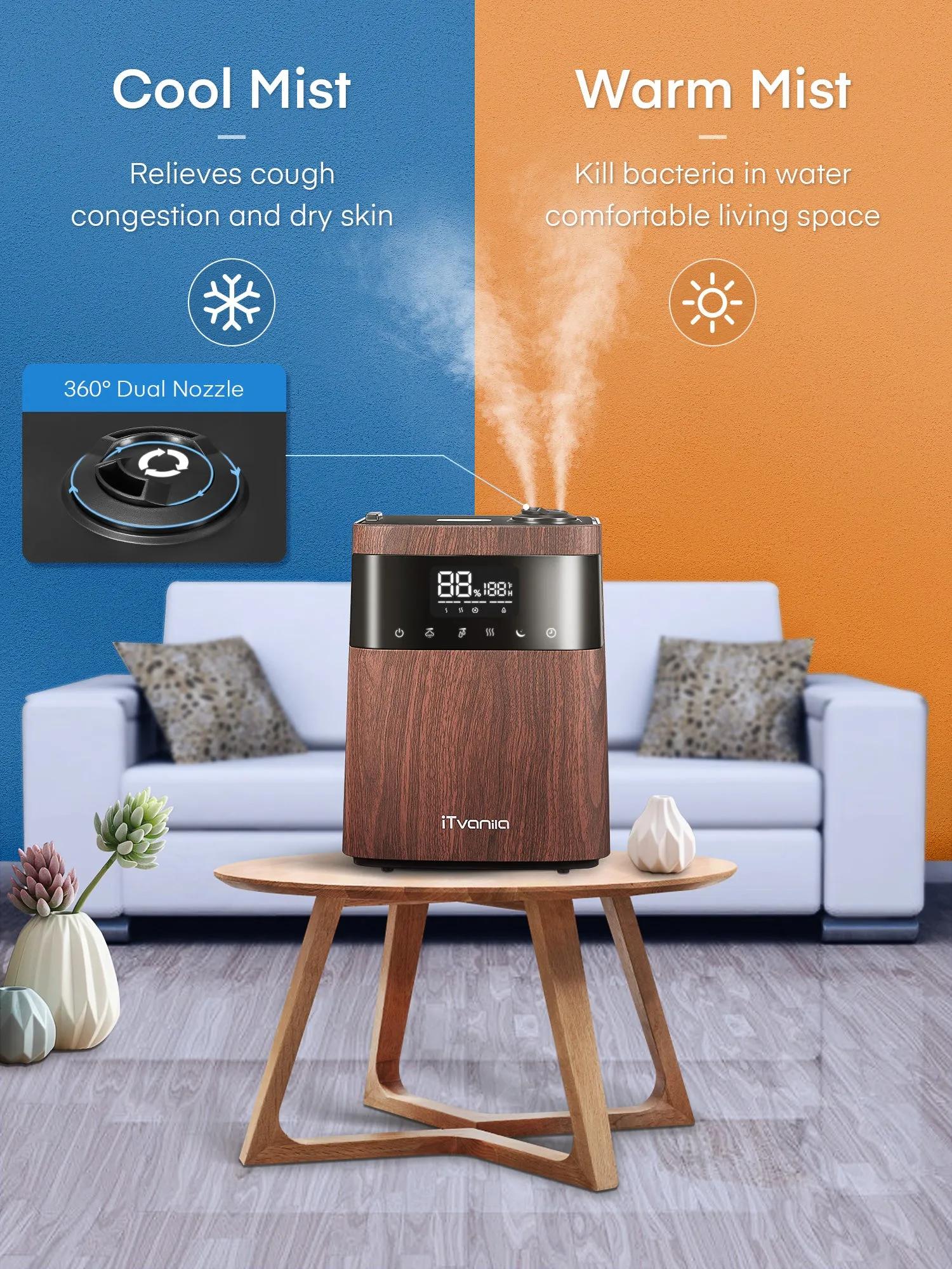 Humidifiers, 5.5L Top Fill Cool and Warm Mist Humidifier with Essential Oil Built-in Humidity Sensor, Humidifiers with Timer Setting Last up to 55 Hours  (Wood Grain)