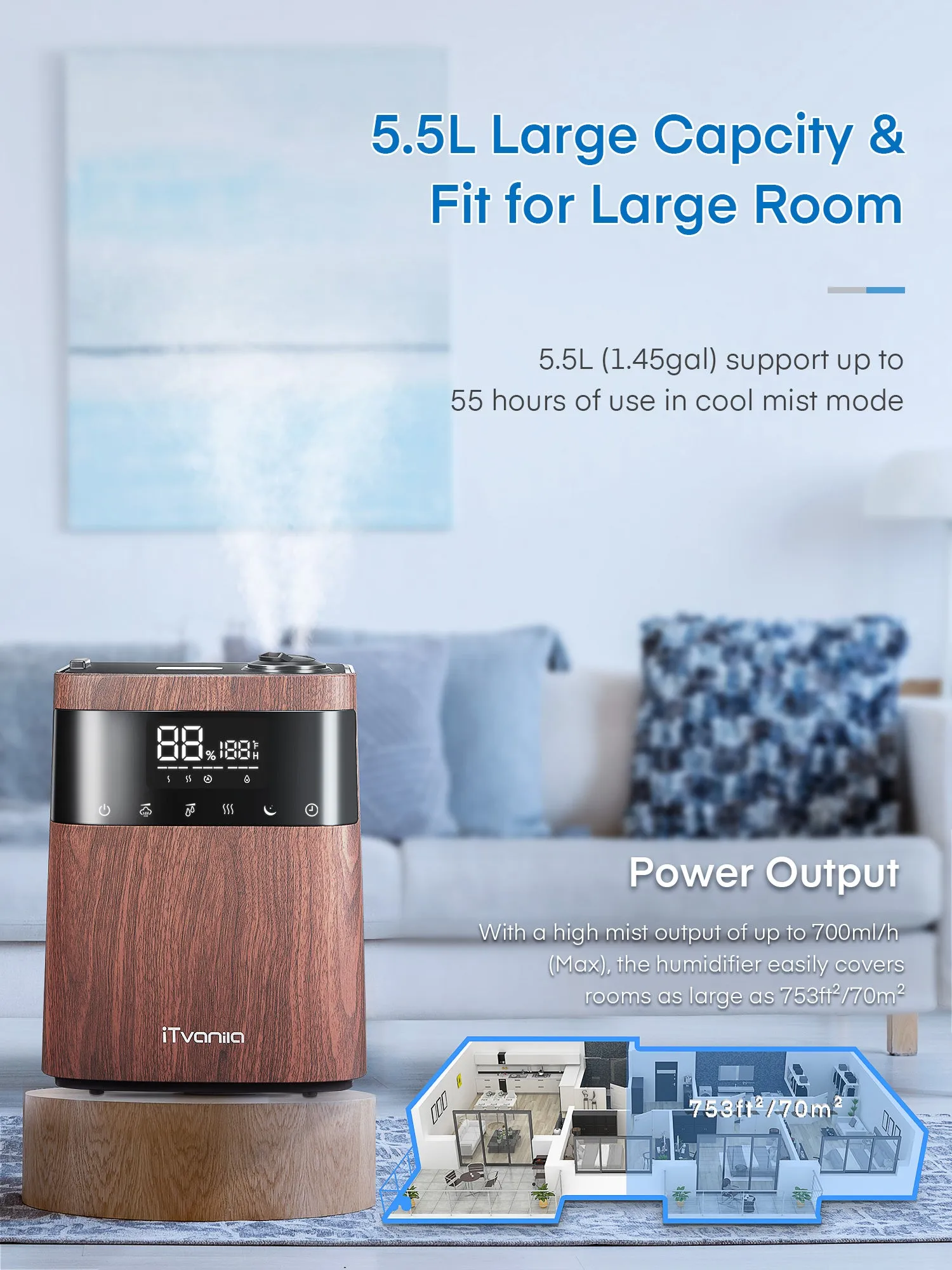 Humidifiers, 5.5L Top Fill Cool and Warm Mist Humidifier with Essential Oil Built-in Humidity Sensor, Humidifiers with Timer Setting Last up to 55 Hours  (Wood Grain)