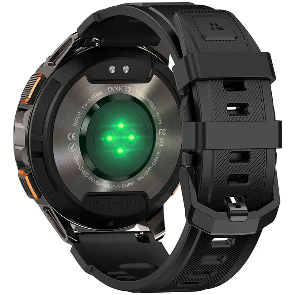 Kospet Tank T3 Smart Watch Black Zinc Alloy Case With Black Silicone Strap
