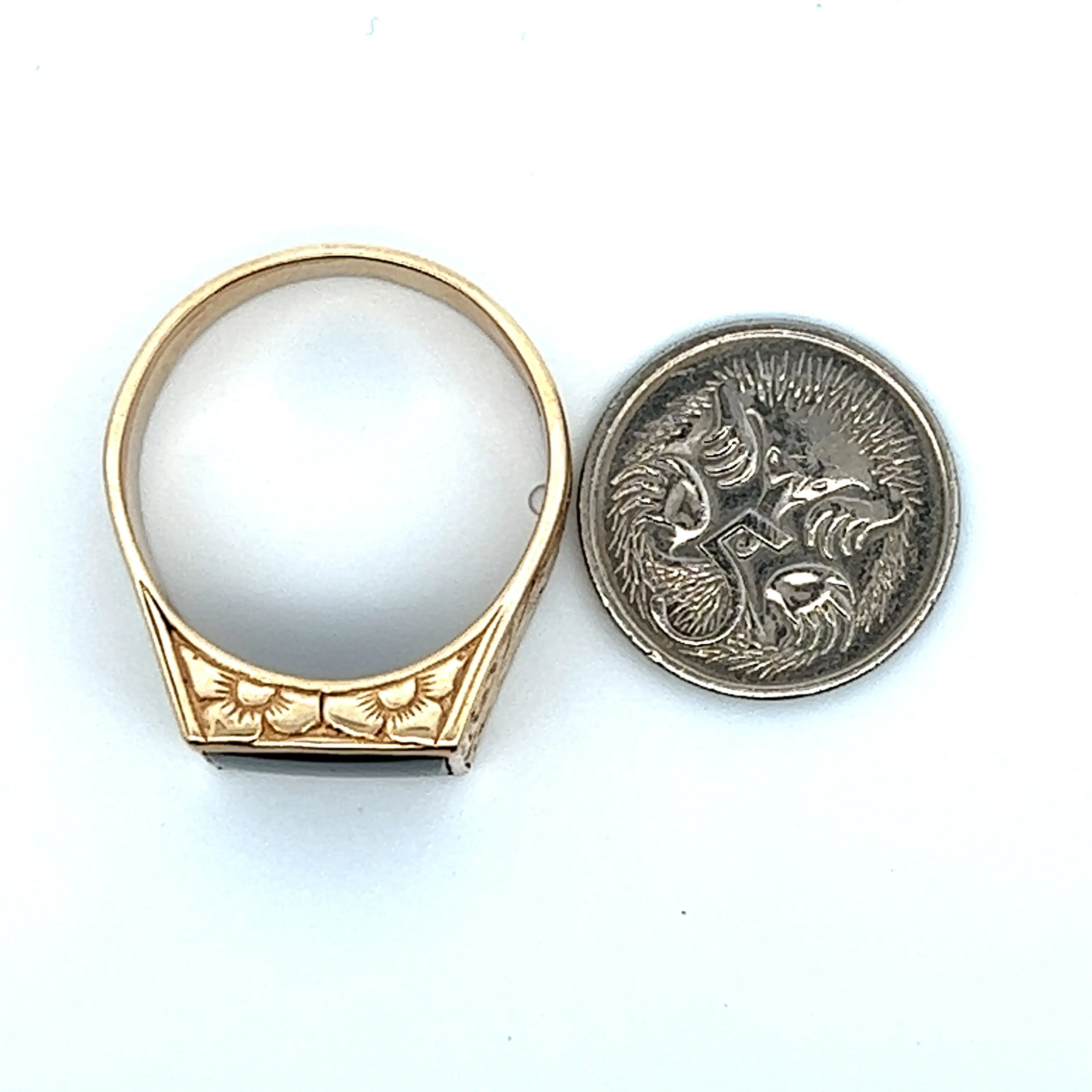 Onyx Yellow Gold Ring with Scroll Engraved Shoulders