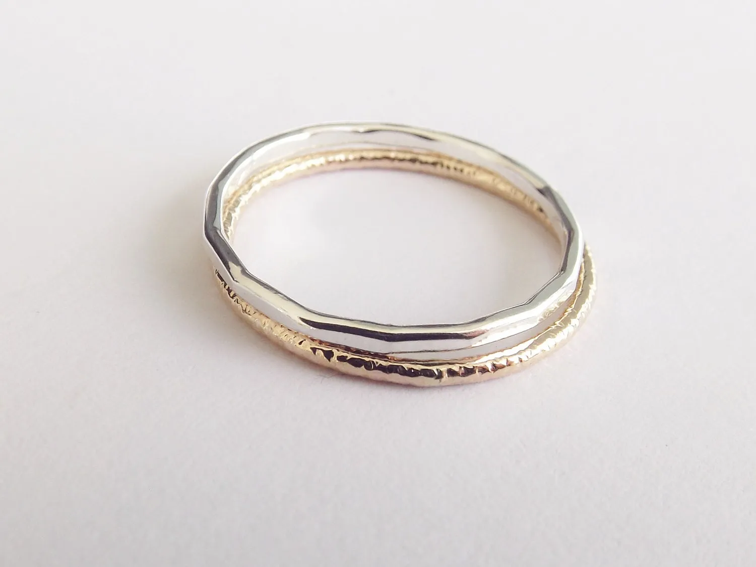 Simple Stacking Set,Mixed Metals Ring Set,Textured Rings,Faceted Ring,Boho Ring Set,Stacking Rings,Boho Chic,Yellow Gold filled and Sterling