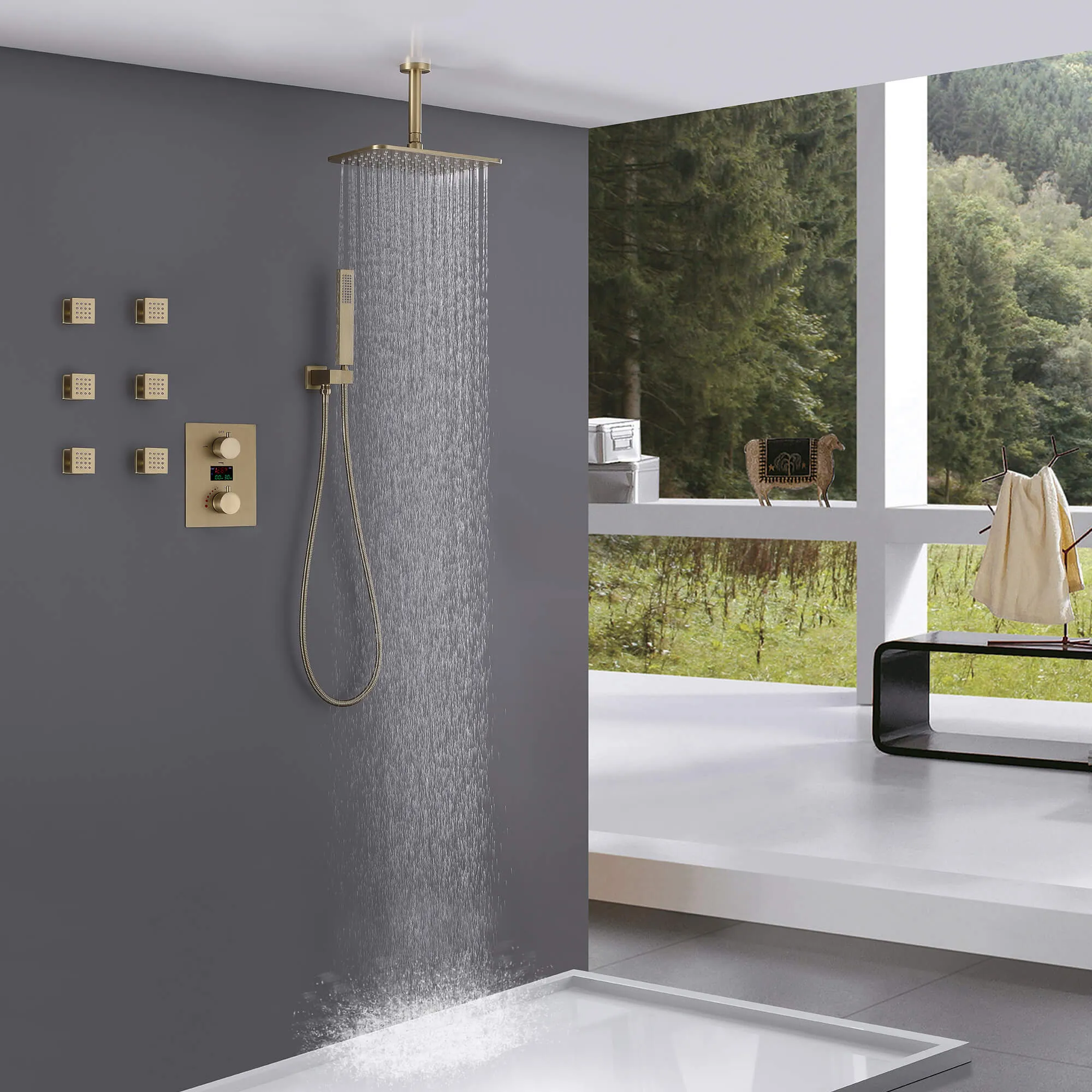 Thermostatic Shower System with Temperature Display Valve and Body Jets JK0106
