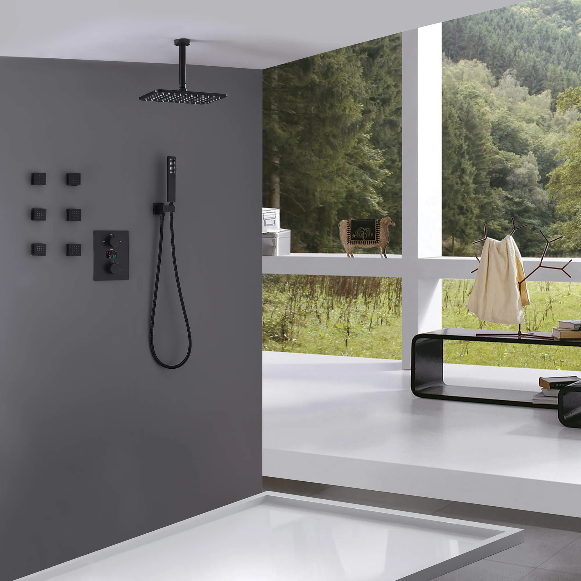 Thermostatic Shower System with Temperature Display Valve and Body Jets JK0106