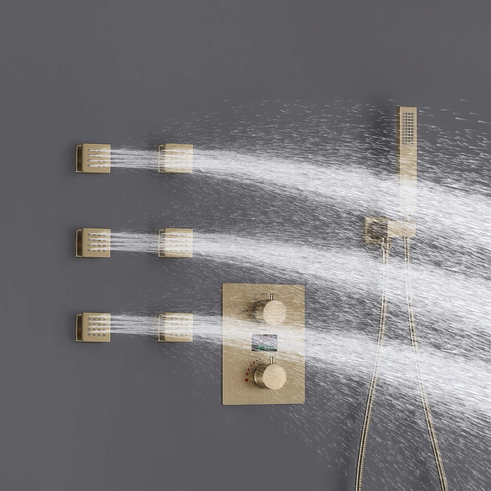 Thermostatic Shower System with Temperature Display Valve and Body Jets JK0106
