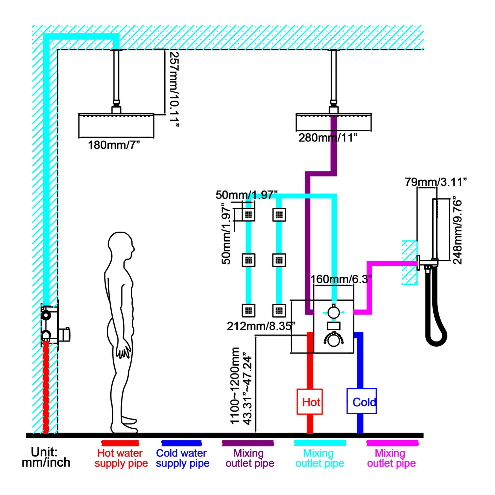 Thermostatic Shower System with Temperature Display Valve and Body Jets JK0106