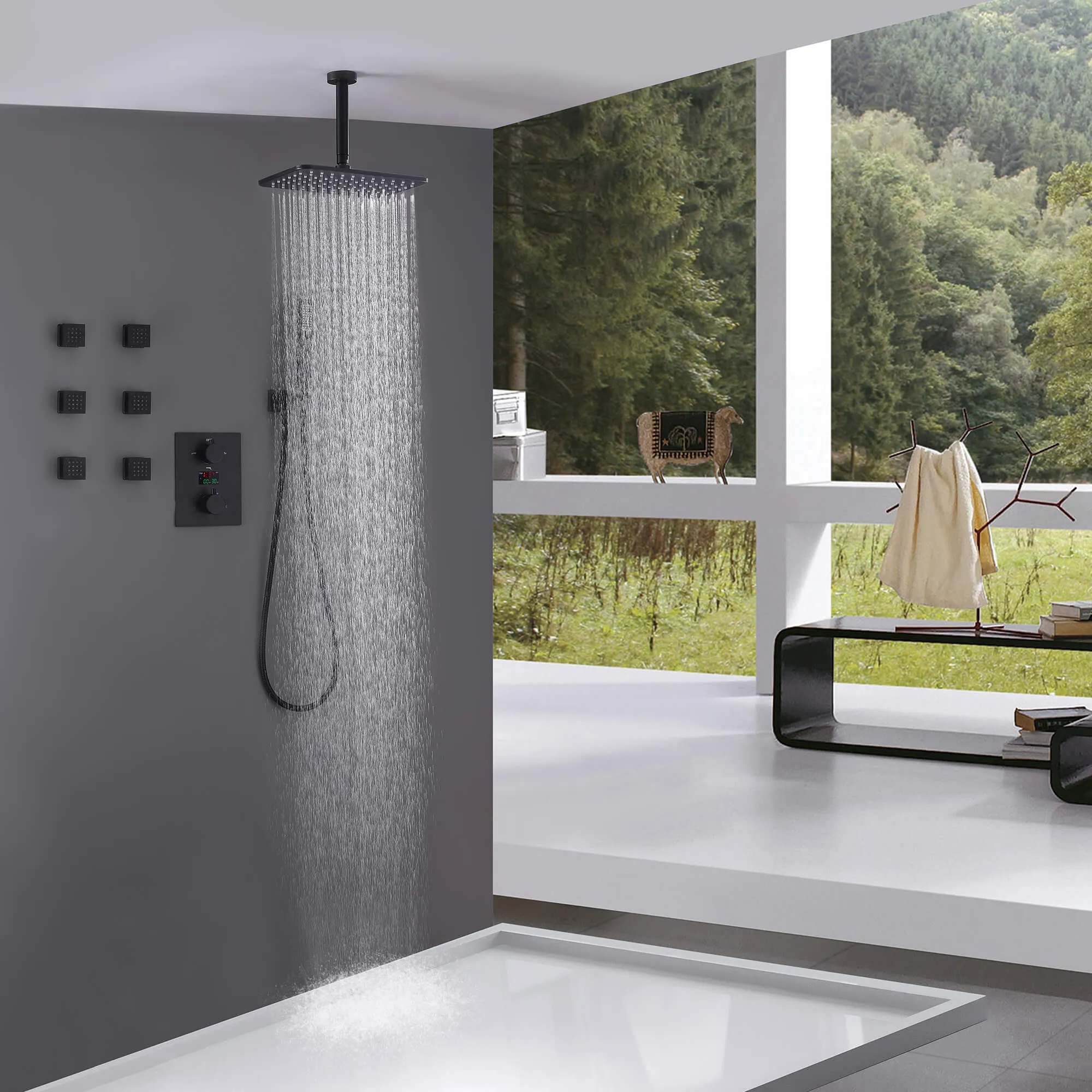 Thermostatic Shower System with Temperature Display Valve and Body Jets JK0106