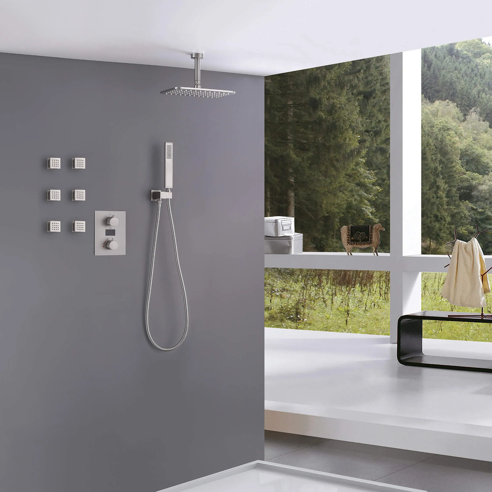 Thermostatic Shower System with Temperature Display Valve and Body Jets JK0106