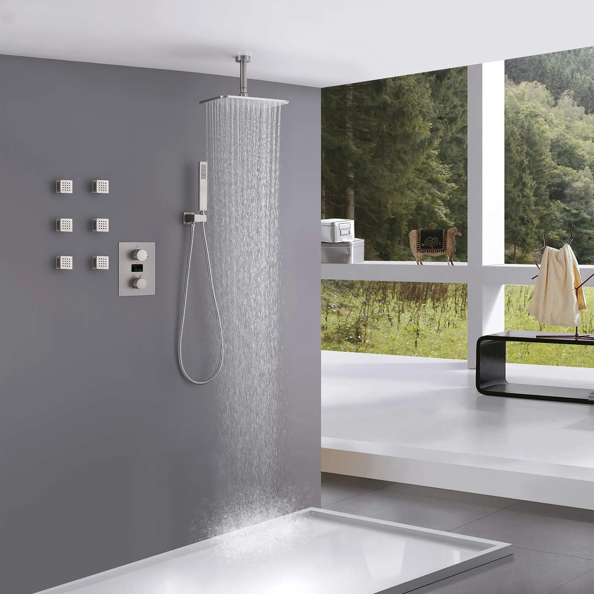 Thermostatic Shower System with Temperature Display Valve and Body Jets JK0106